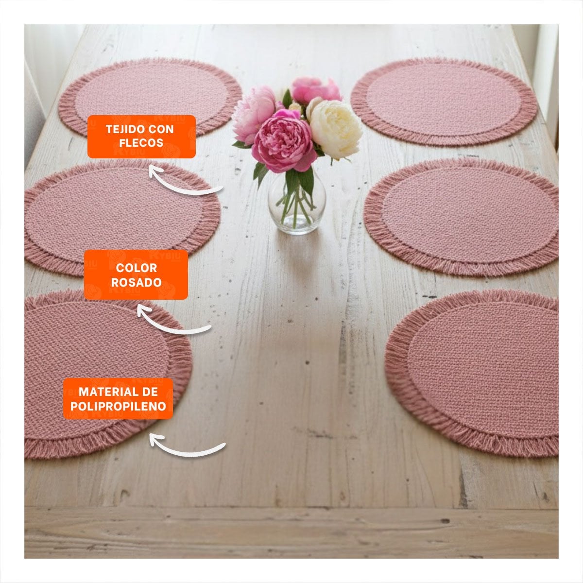 BASES CIRCULARES CON TEJIDO VISIBLE FLECOS ROSADO EN SET DE 6 Y+POST IT - 2