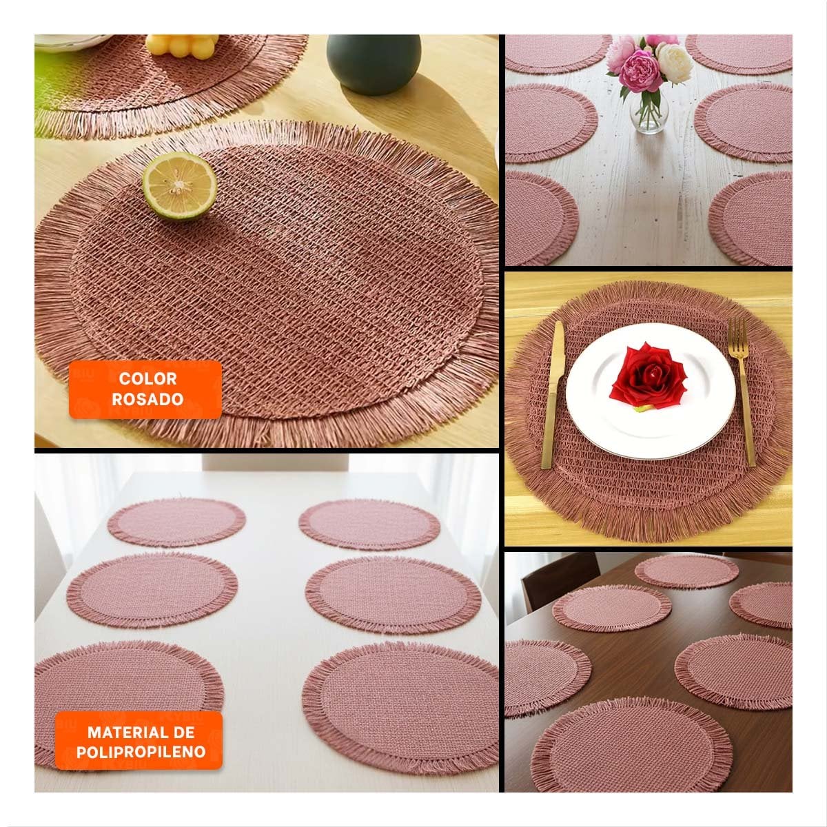 BASES CIRCULARES CON TEJIDO VISIBLE FLECOS ROSADO EN SET DE 6 Y+POST IT - 5