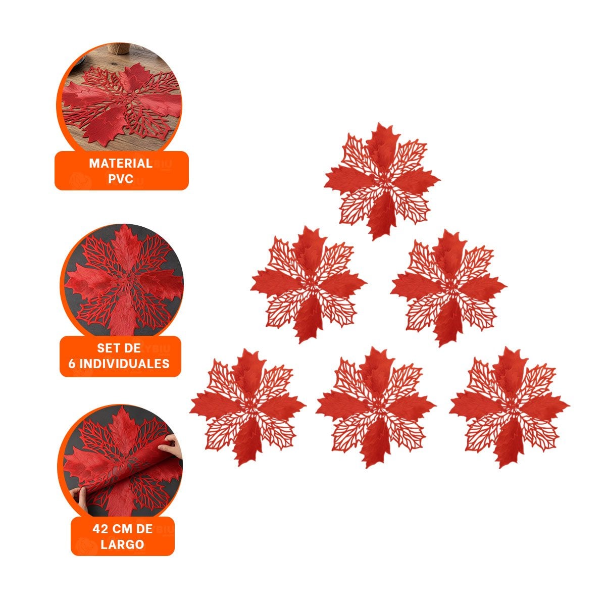 CONJUNTO DECORACION 6 INDIVIDUALES FLOR DE PINA ROJO 42X42 CM - 3