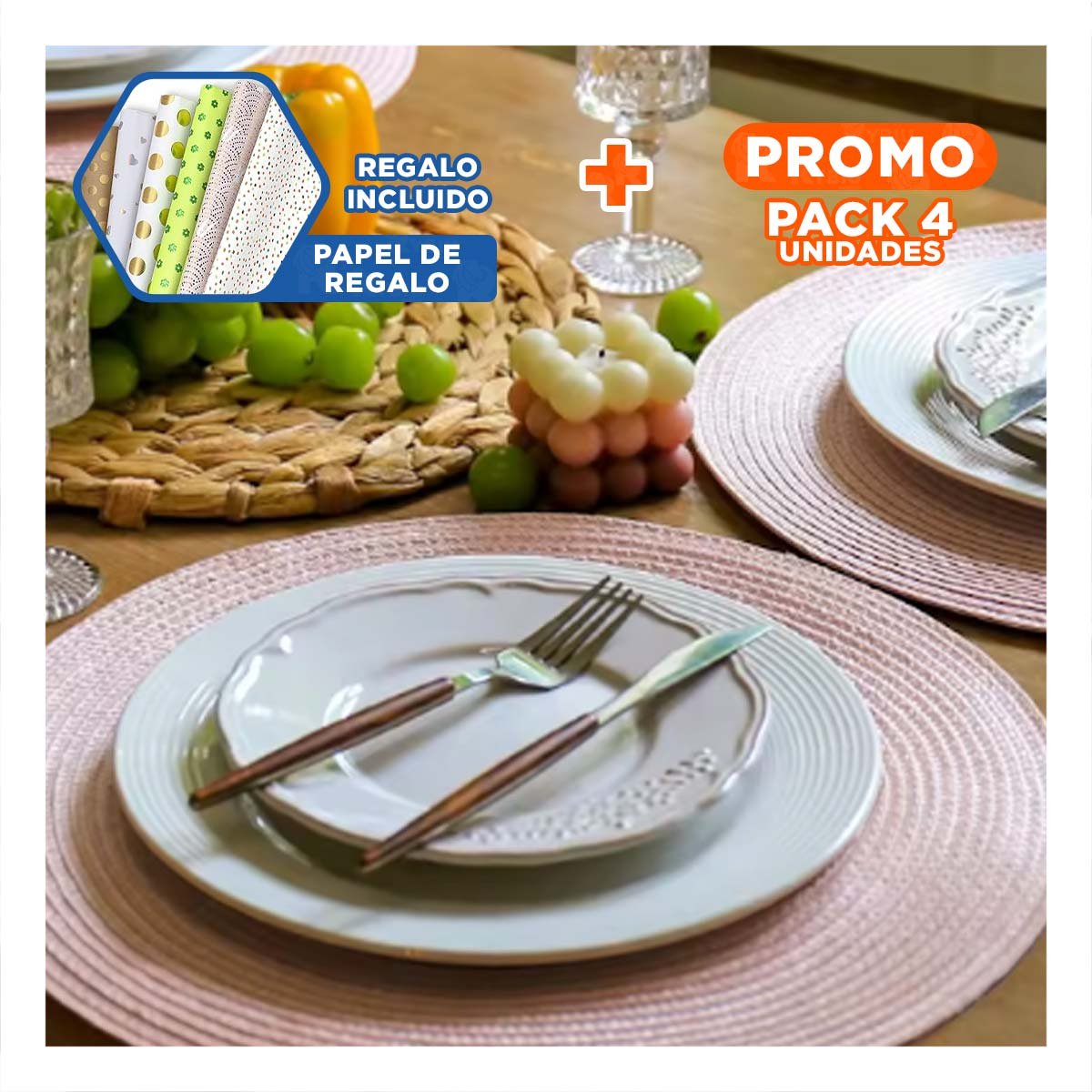 PACK4 PLATO TEXTIL INDIVIDUAL CIRCULAR BOHO ROSADO PARA HOGAR Y+PAPEL REGALO - 1