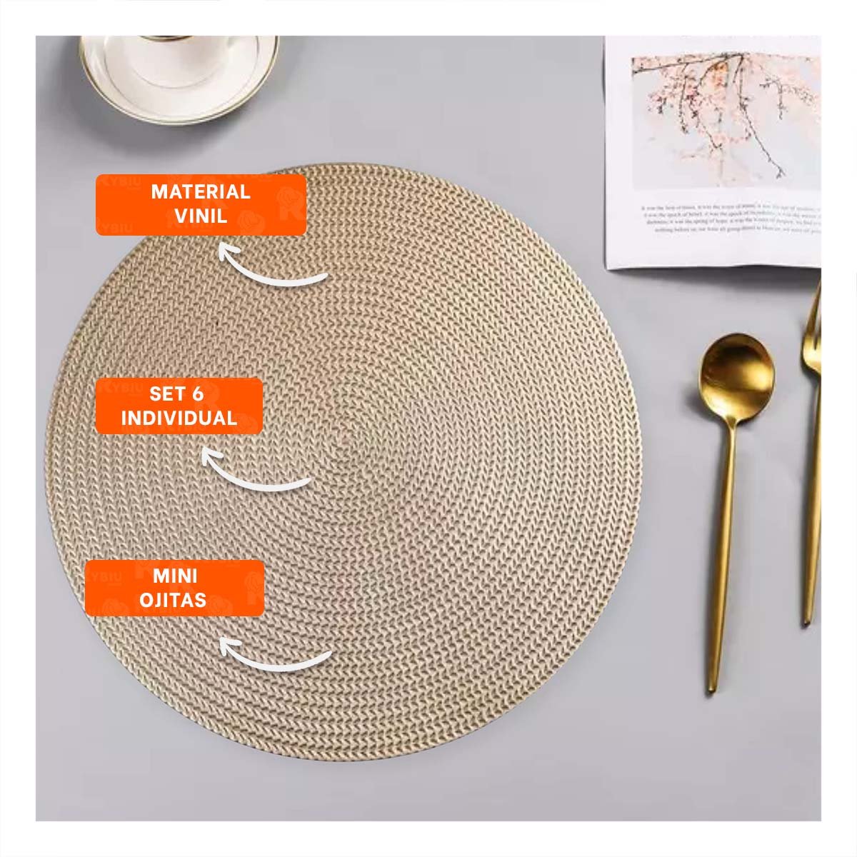 PACK6 CUBIERTA CIRCULAR PARA COMEDOR CON COLOR DORADO MINI OJITAS Y+PAPEL REGALO - 2
