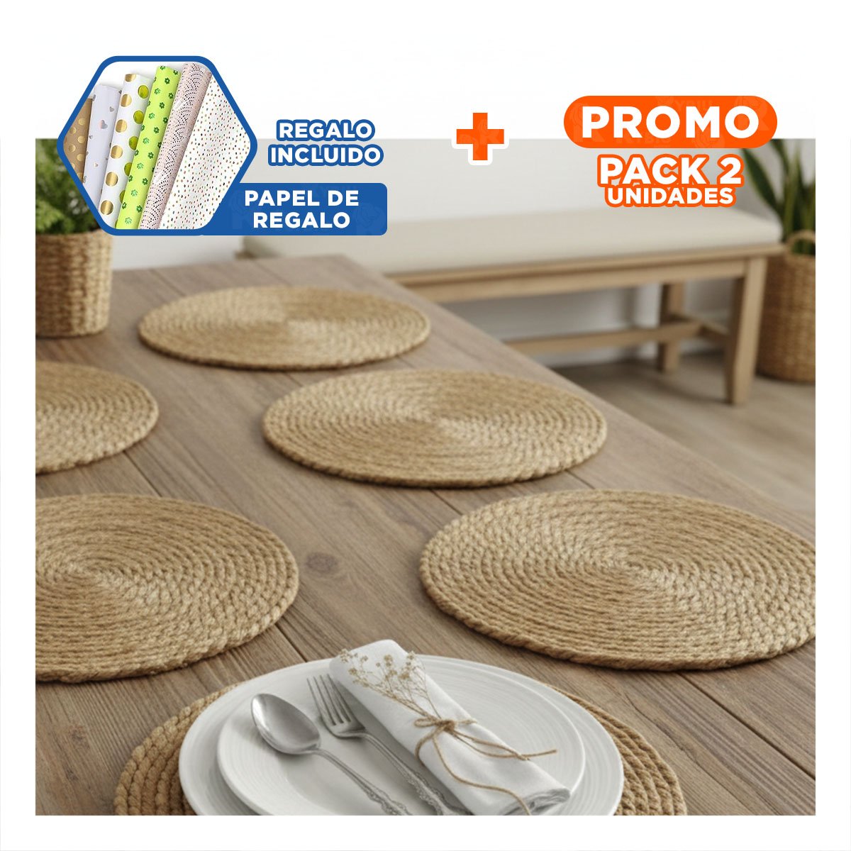 PACK2 PACK 6 PLATOS INDIVIDUALES TEJIDOS CAQUI 38CM ESTILO Y FUNCIONALIDAD YPAPEL REGALO - 1