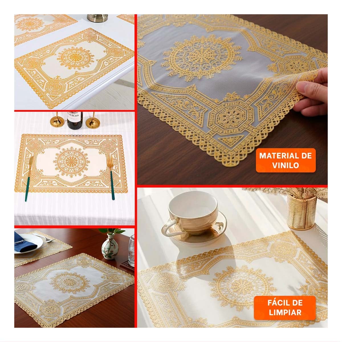 PACK6 INDIVIDUAL DORADO RECTANGULAR CON DETALLE DE ENCAJE MANDALA PARA HOGAR Y+PAPEL REGALO - 3