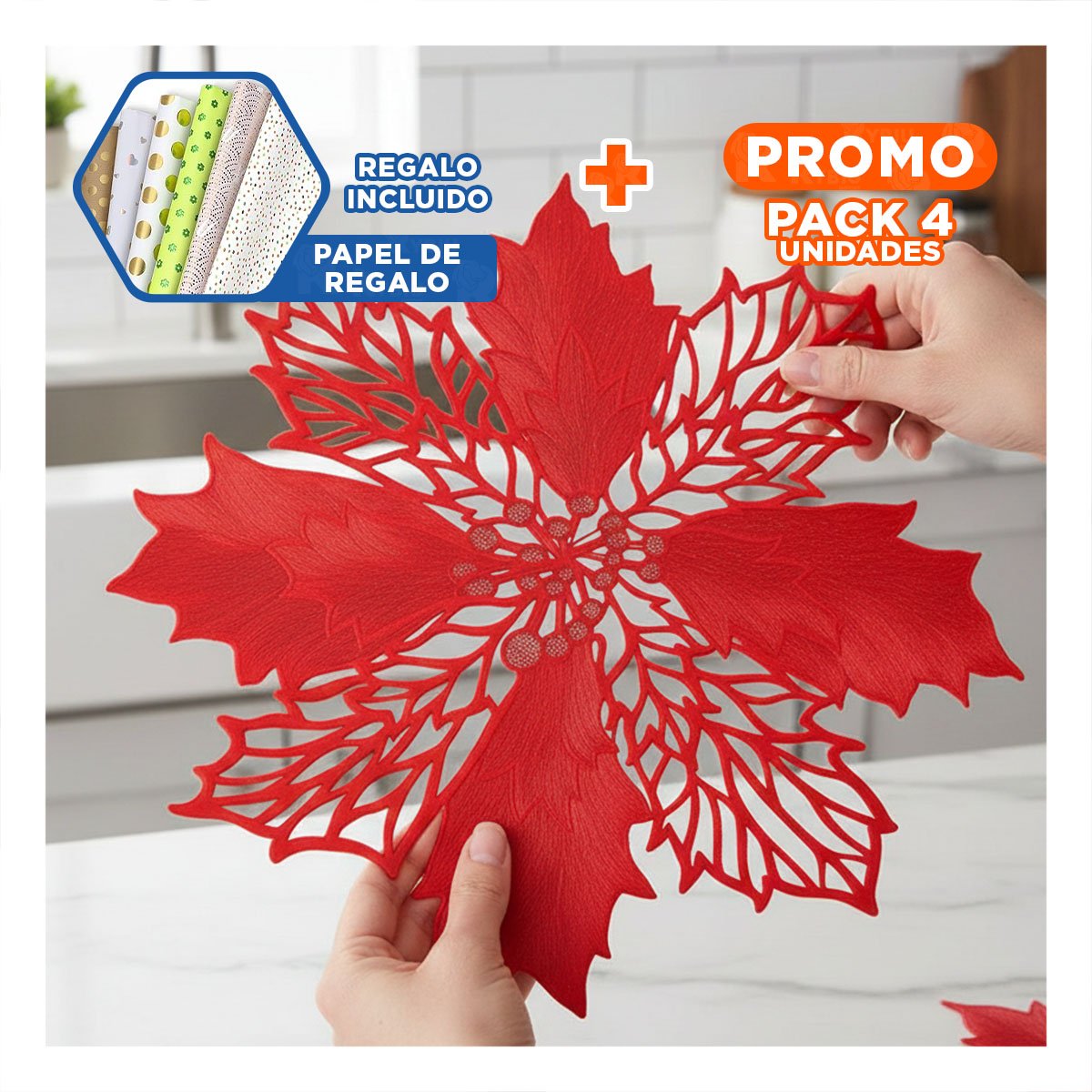 PACK4 LOTE HOGAR 6 INDIVIDUALES FLOR DE PINA ROJO 42X42 CM DECORACION YPAPEL REGALO - 1