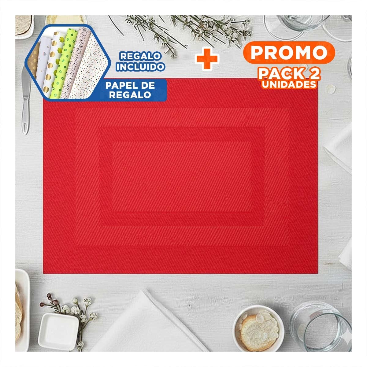 PACK2 COLECCION DE 6 INDIVIDUALES RECTANGULARES CON BORDE RAYAS GUINDA PARA MESA Y+PAPEL REGALO - 1