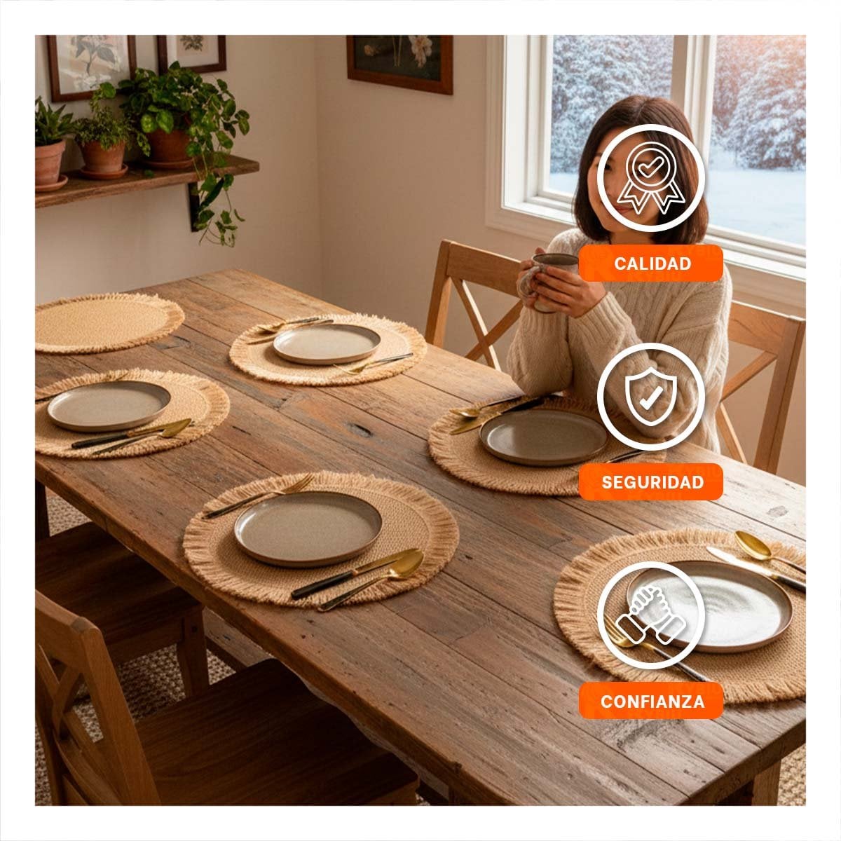 PACK2 INDIVIDUALES TEJIDOS PARA MESA CON FLECOS EN COLOR CAQUI SET DE 6 Y+REGALO STICKER - 5