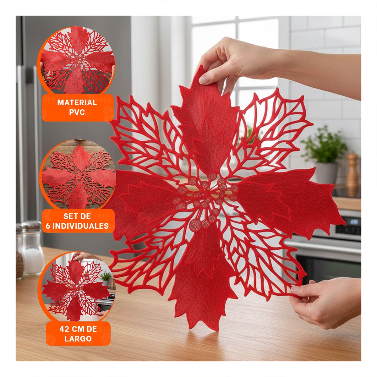 PACK DECORATIVO 6 INDIVIDUALES FLOR DE PINA ROJO 42X42 CM PARA MESA Y+PAPEL REGALO - 5