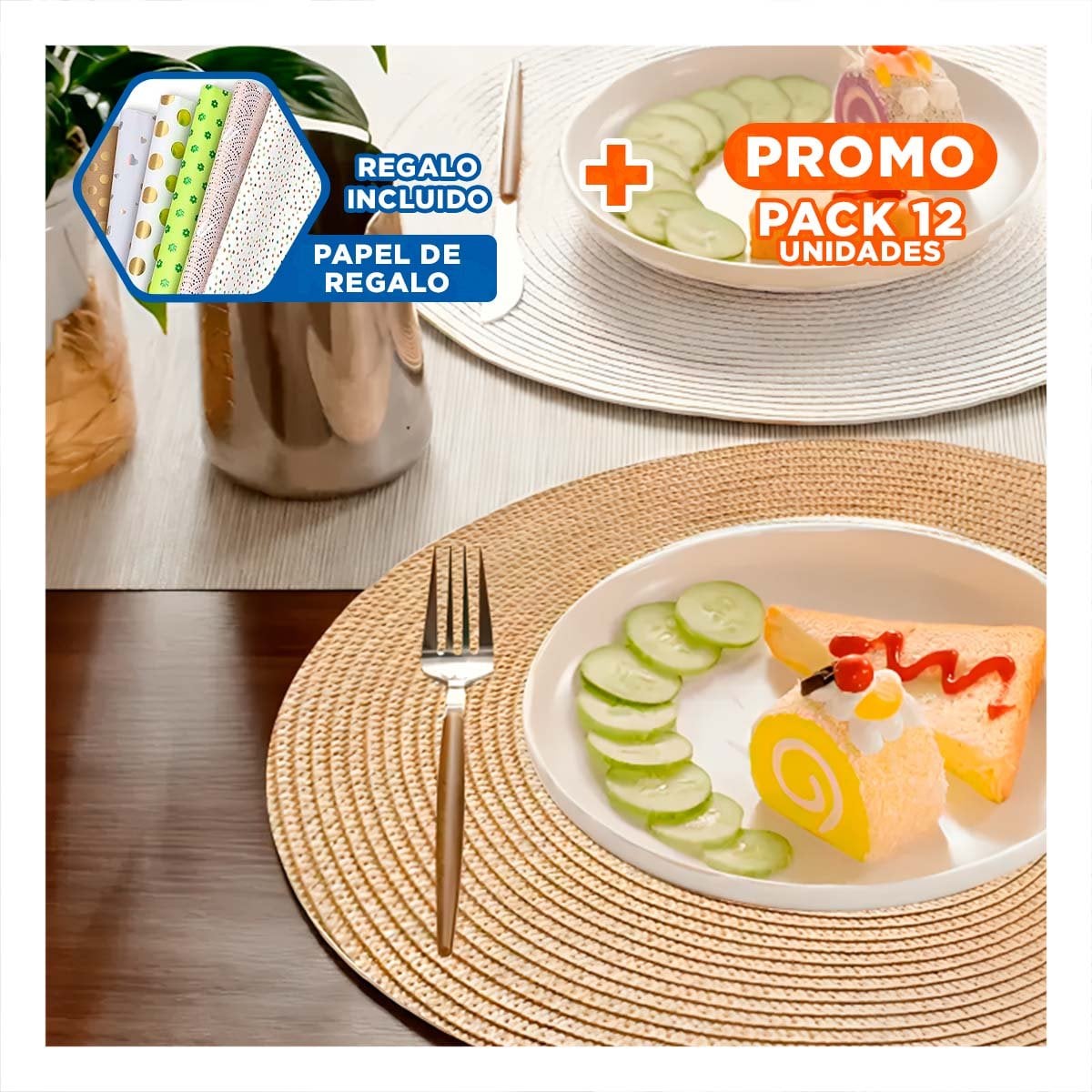 PACK12 PROTECTOR TEXTIL CIRCULAR BOHO BEIGE PARA COMEDOR YPAPEL REGALO - 1