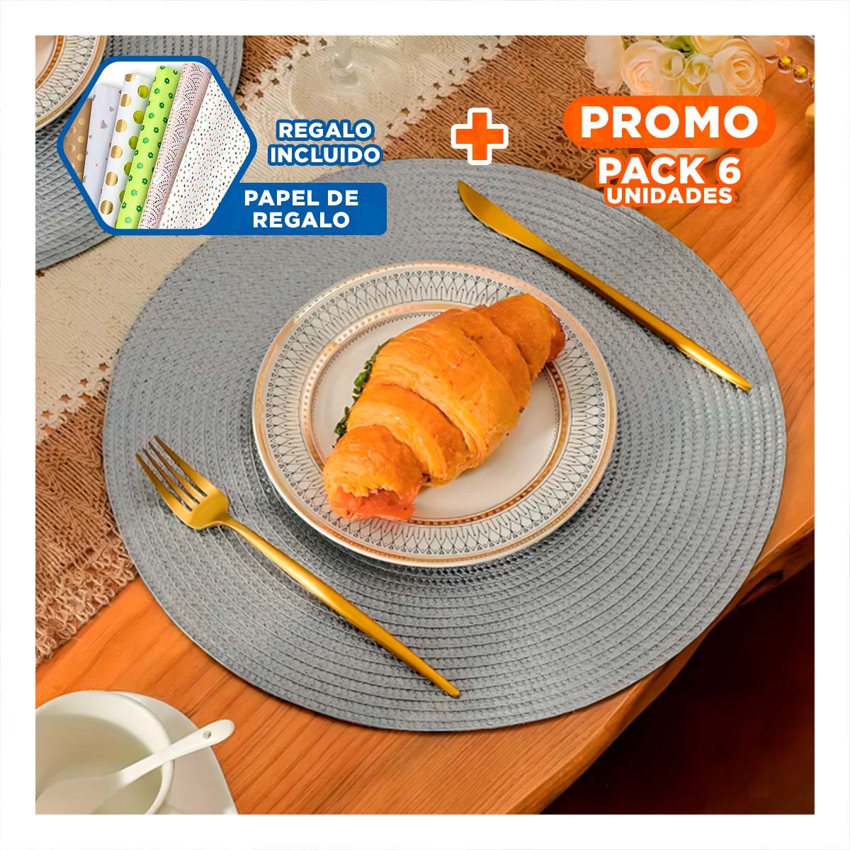 PACK6 PLATO TEXTIL ESTILO BOHO CIRCULAR PLOMO PARA HOGAR Y+PAPEL REGALO - 1