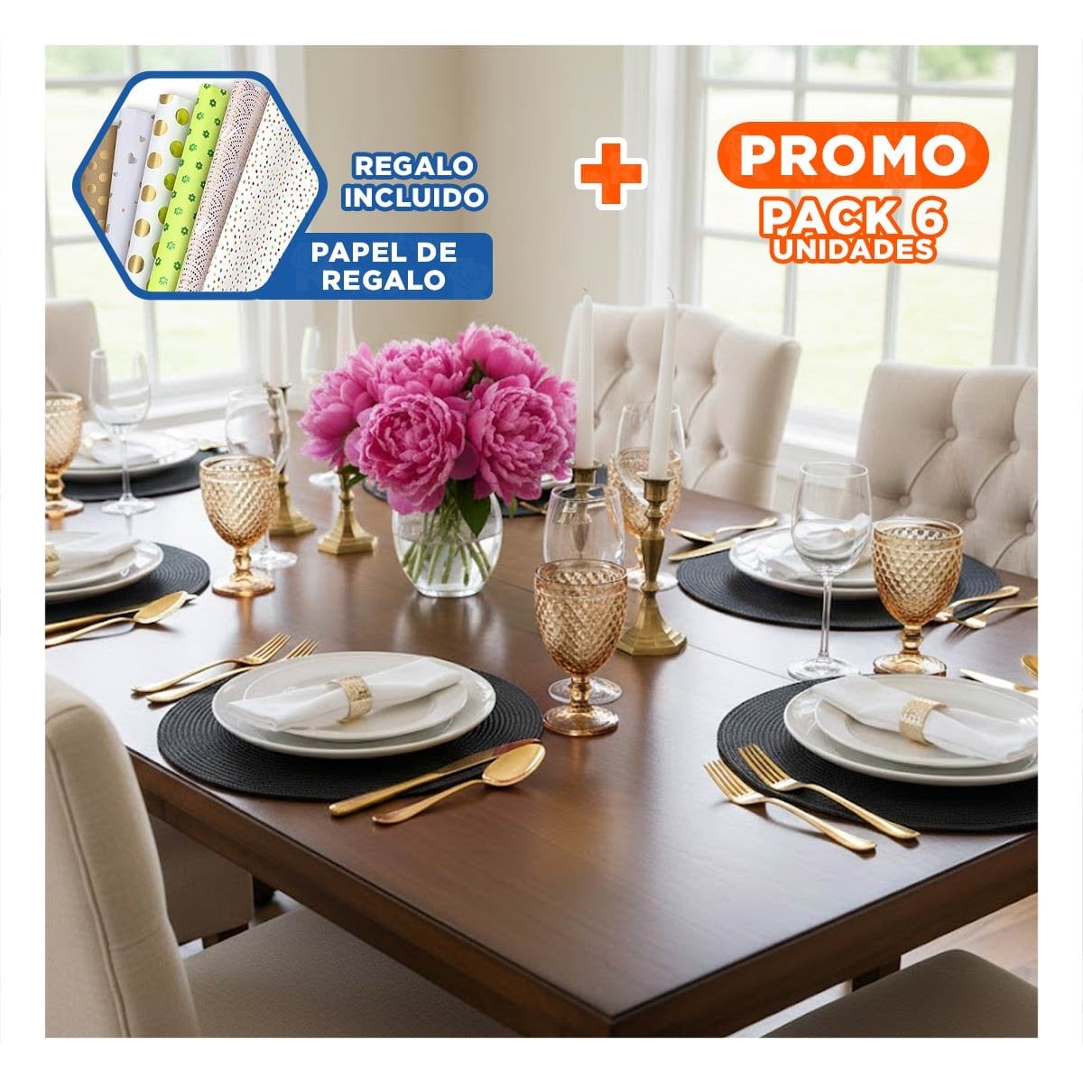 PACK6 PLATO TEXTIL ESTILO BOHO CIRCULAR NEGRO PARA HOGAR Y+PAPEL REGALO - 1