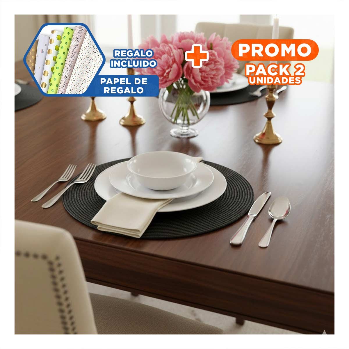 PACK2 SALVAMANTEL DE MESA CIRCULAR BOHO NEGRO PARA COMEDOR Y+PAPEL REGALO - 1