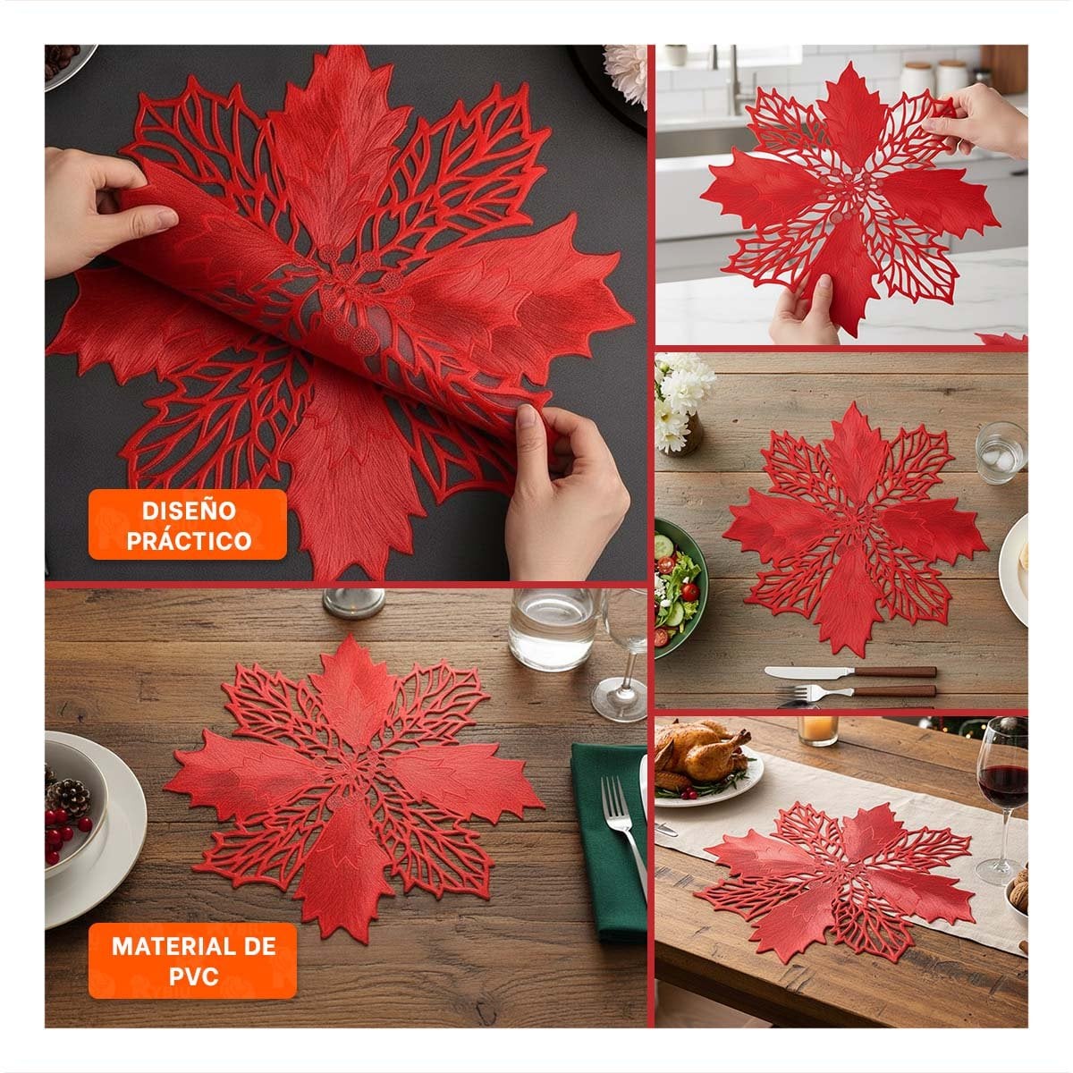 PACK HOGAR 6 INDIVIDUALES FLOR DE PINA ROJO 42X42 CM DECORACION Y+POST IT - 5
