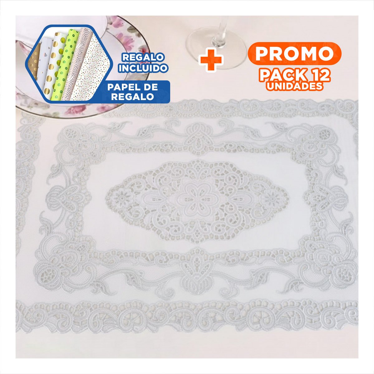 PACK12 CUBIERTA PLATEADA MODERNA CON MOTIVO DE ENCAJE Y FLORES PARA DECORACION Y+PAPEL REGALO - 1