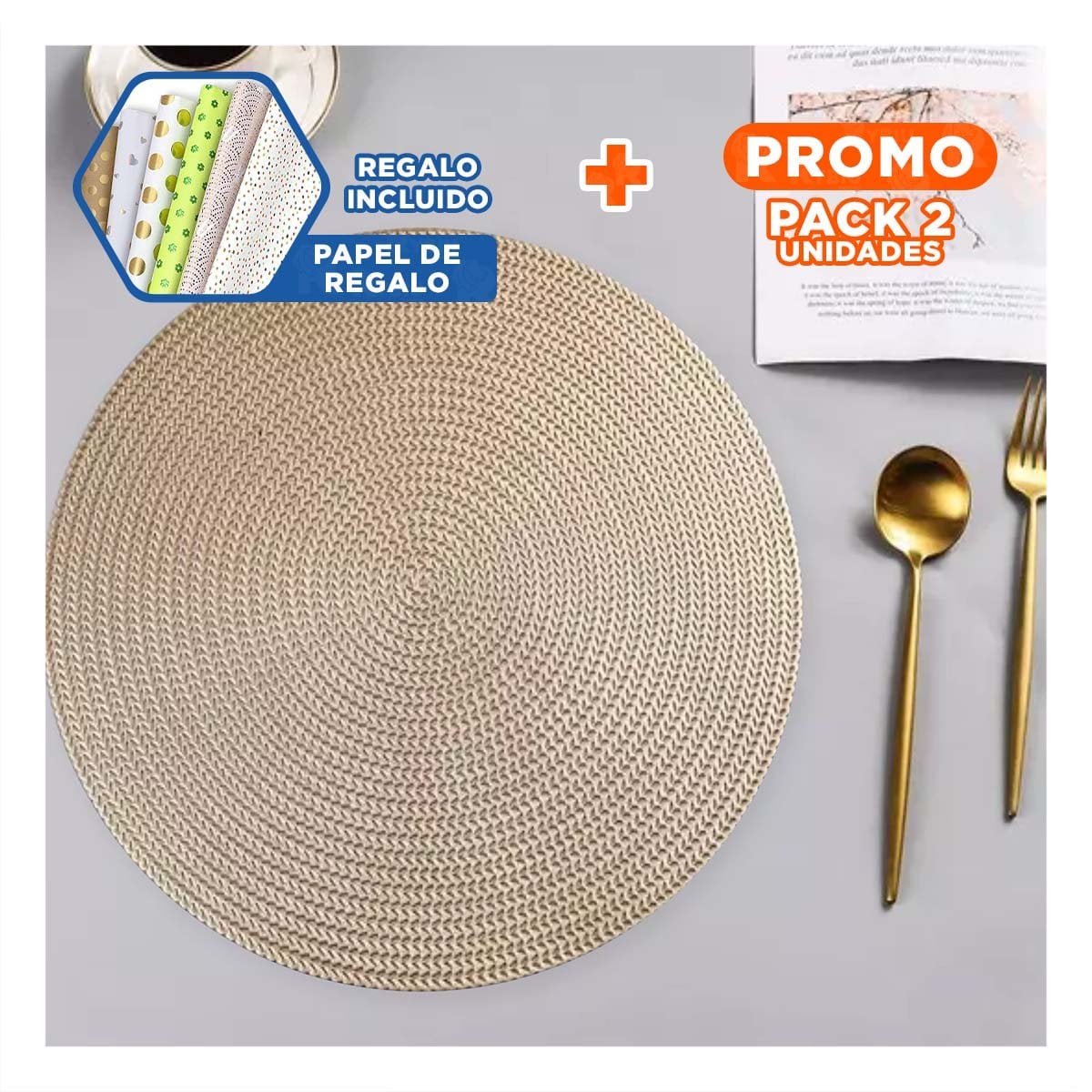 PACK2 INDIVIDUAL CIRCULAR DORADO CON ACABADO MINI OJITAS EN SET DE SEIS PIEZAS Y+PAPEL REGALO - 1