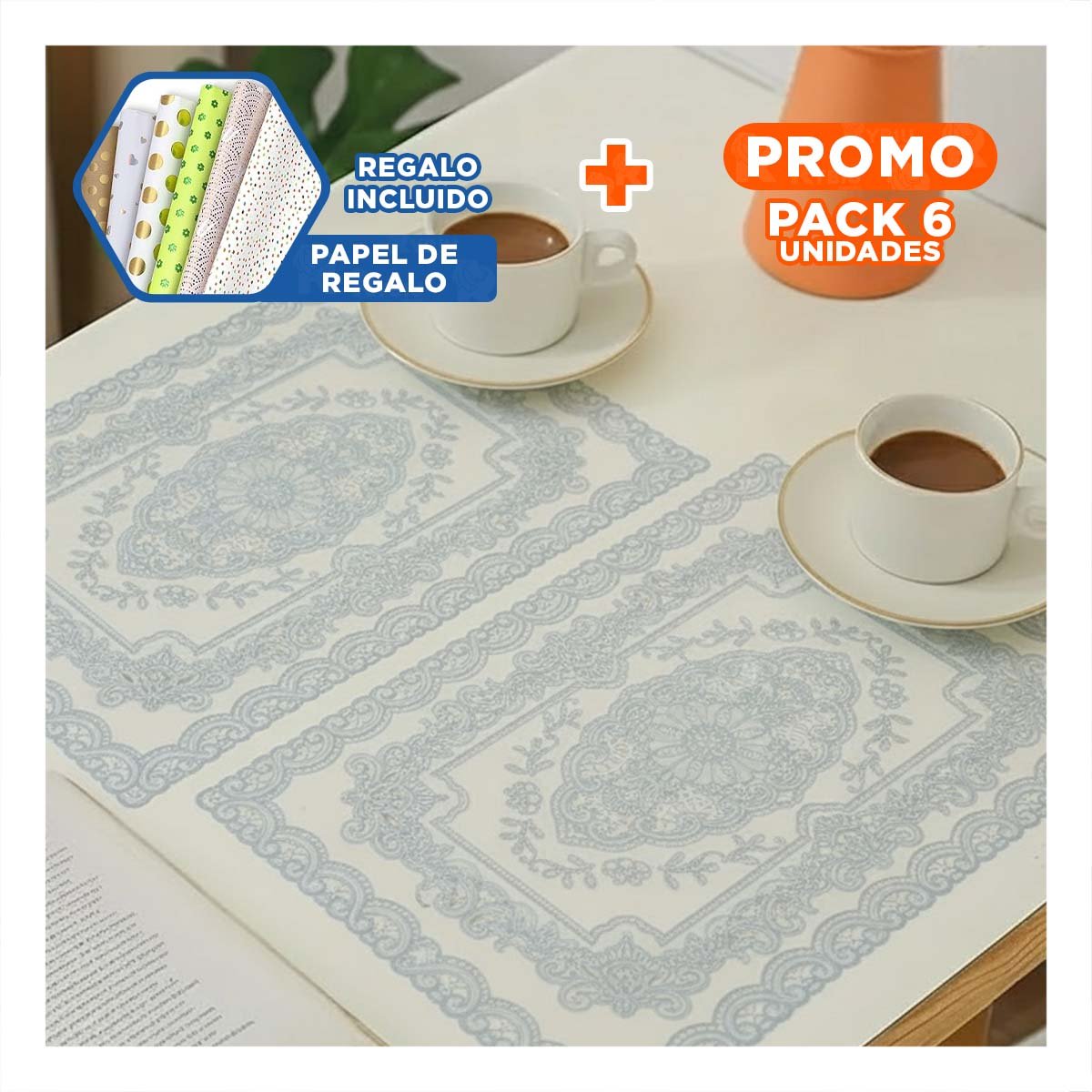 PACK6 MANTEL SOFISTICADO PLATEADO CON ENCAJE FLORAL Y RAMAS PARA MESA NAVIDENA Y+PAPEL REGALO - 1