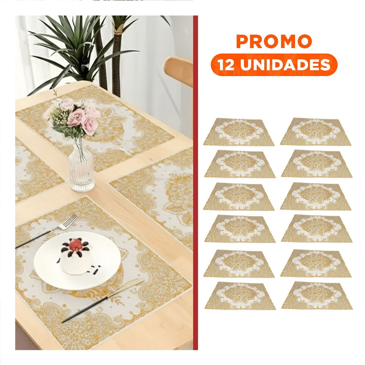 PACK12 CUBIERTA DORADO SOFISTICADA CON FLORES PARA MESA NAVIDENA Y+REGALO STICKER - 1