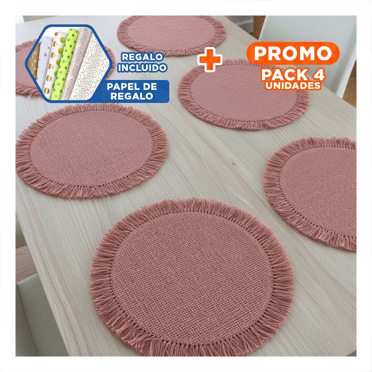 PACK4 CUBREMESAS TEJIDOS PARA MESA CON FLECOS ROSADO PENSADOS EN SET DE 6 Y+PAPEL REGALO - 1