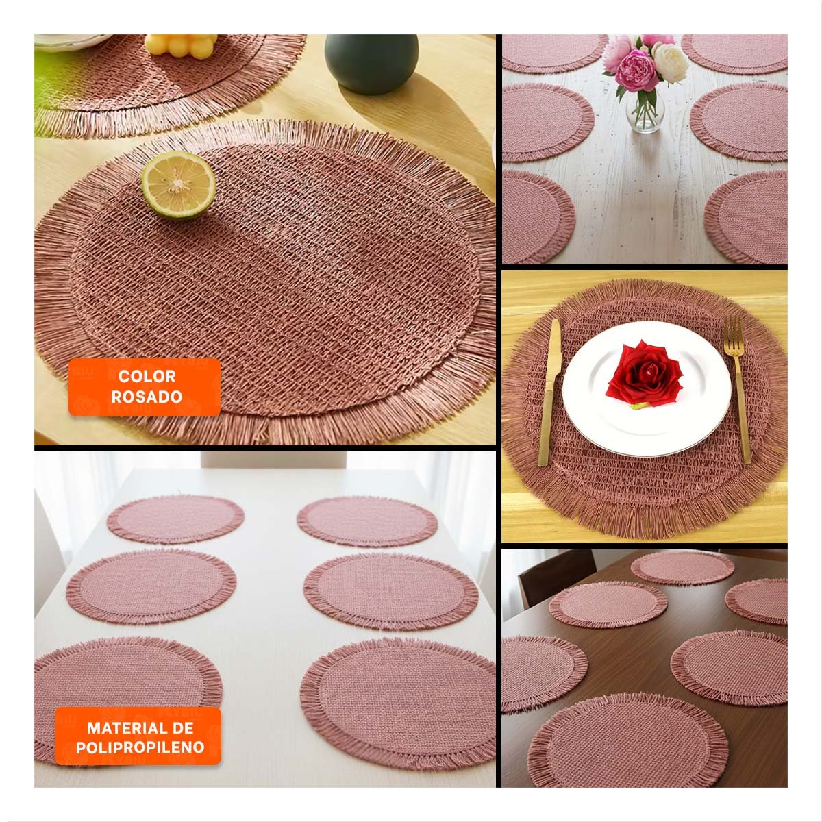 BASES CIRCULARES TEJIDAS CON FLECOS COLOR ROSADO EN SET DE 6 PARA MESA - 5