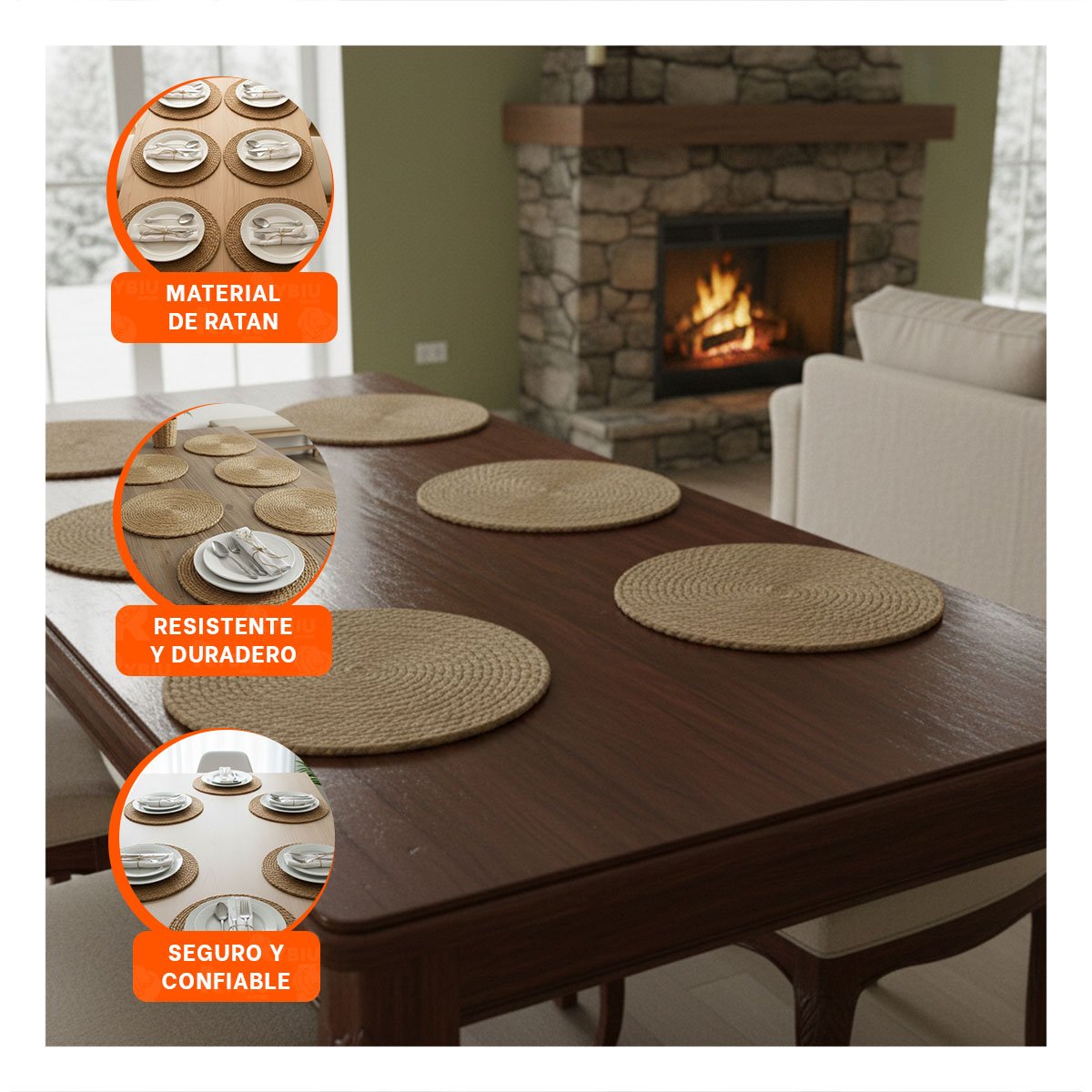 DISENO 6 PLATOS REDONDOS TEJIDOS CAQUI 38CM ELEGANCIA Y ESTILO EN HOGAR Y+PAPEL REGALO - 5