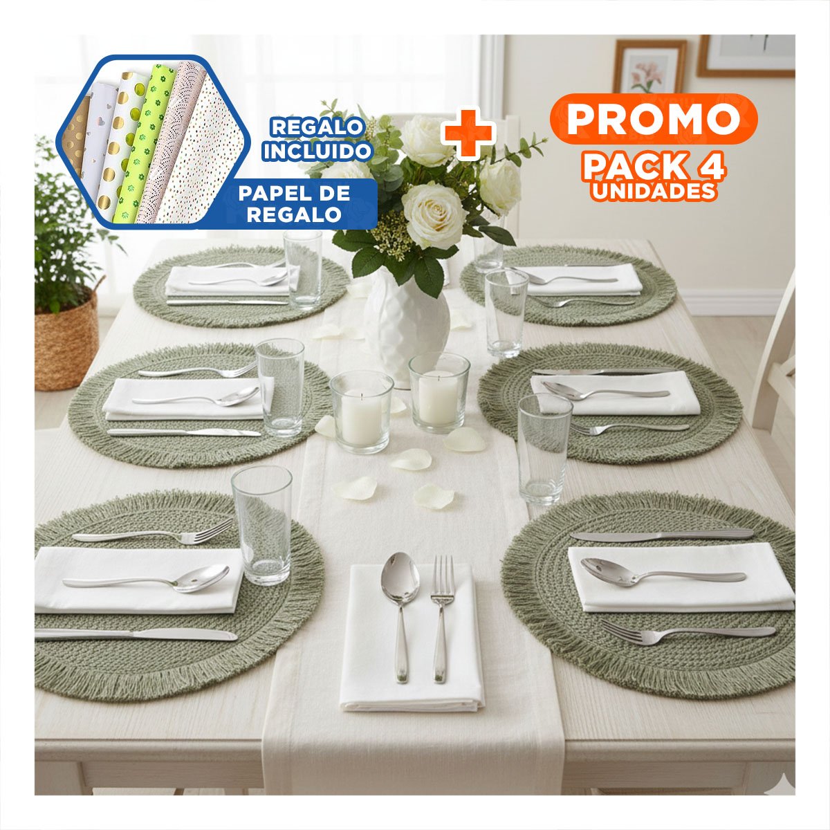 PACK4 CUBREMESAS TEJIDOS PARA MESA CON FLECOS VERDE PENSADOS EN SET DE 6 Y+PAPEL REGALO - 1