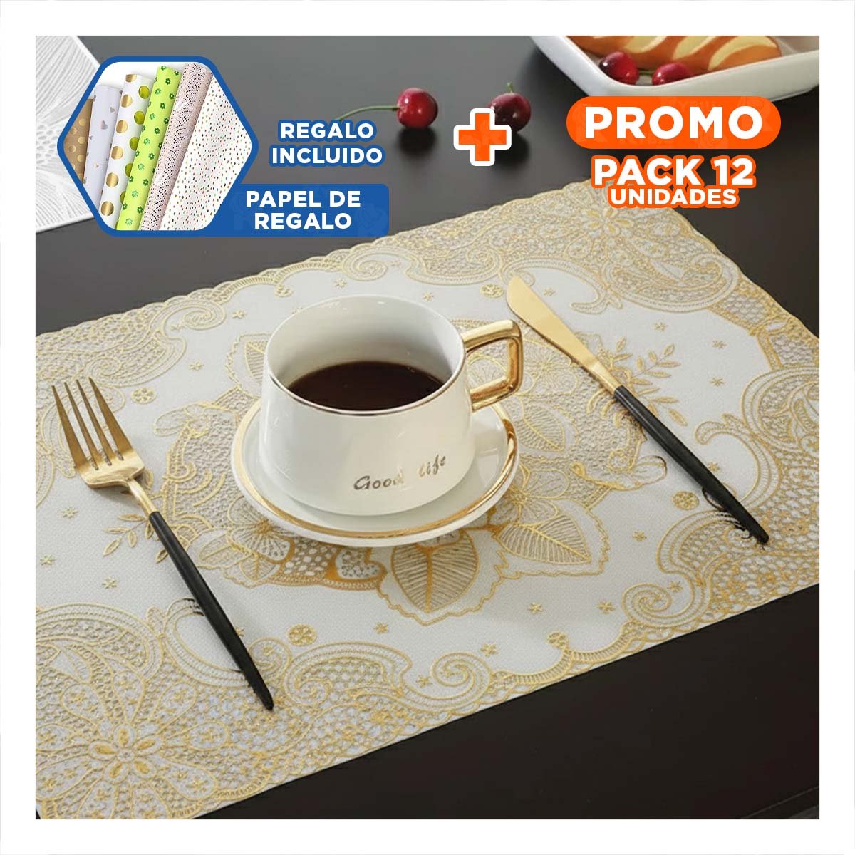 PACK12 CUBIERTA DORADO MODERNA CON MOTIVO DE ENCAJE Y FLORES PARA DECORACION Y+PAPEL REGALO - 1