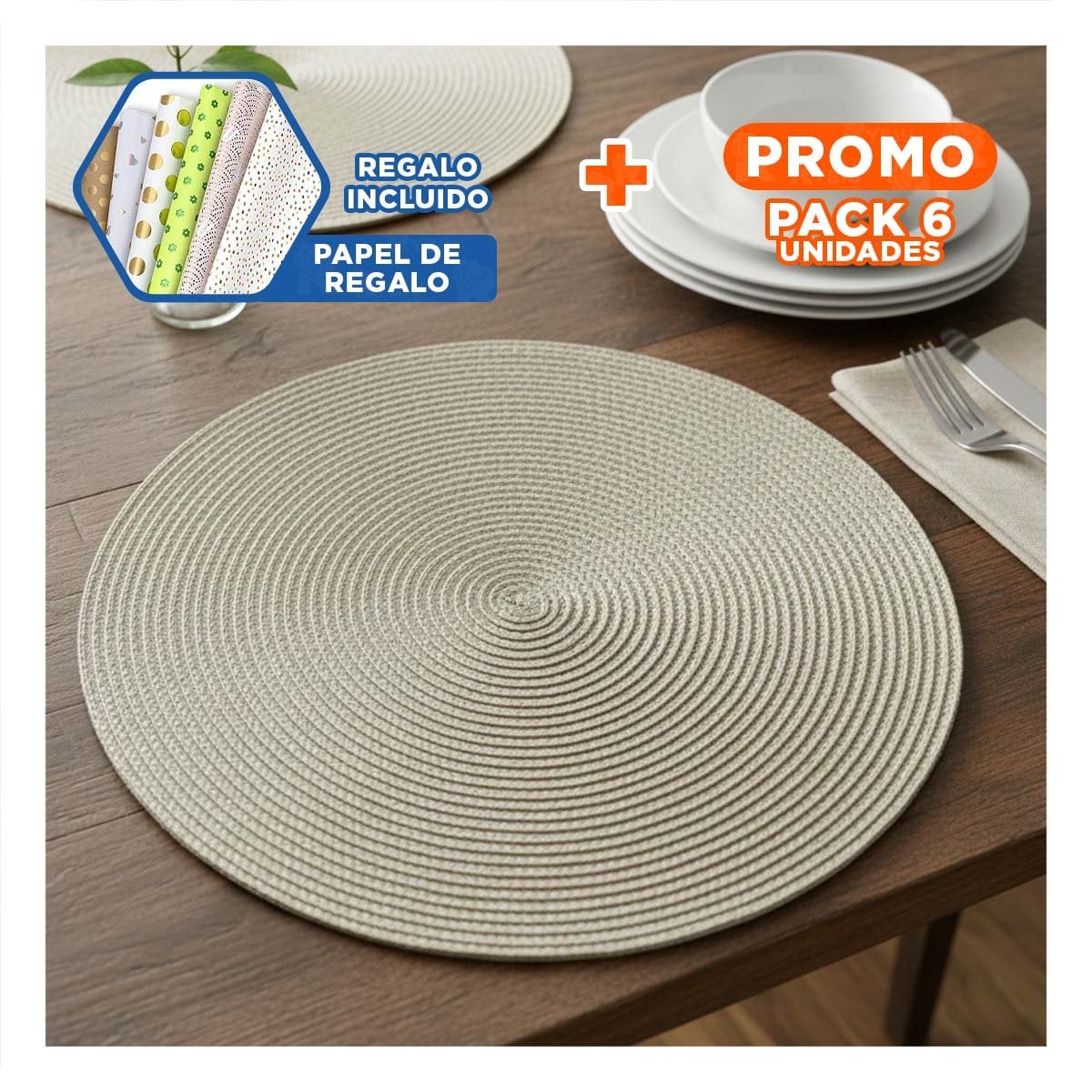 PACK6 PLATO TEXTIL ESTILO BOHO CIRCULAR BEIGE OSCURO PARA HOGAR YPAPEL REGALO - 1