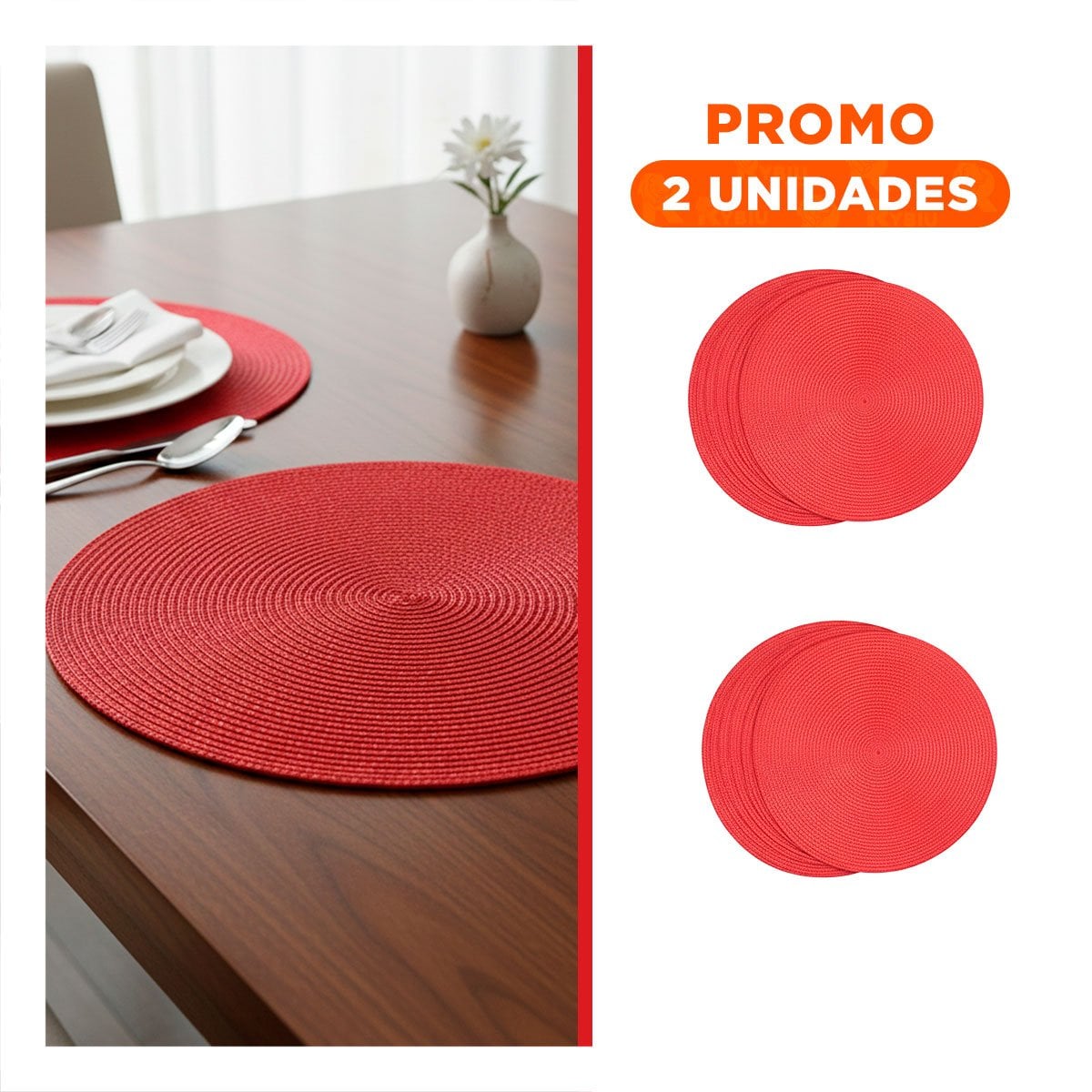 PACK2 INDIVIDUAL PARA MESA CIRCULAR CON TEXTURA PAJITA BRILLOSO EN COLOR ROJO - 1