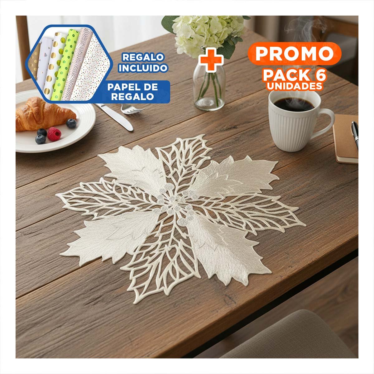 PACK6 COLECCION PARA MESA 6 INDIVIDUALES FLOR DE PINA DORADO 42X42 CM NAVIDAD YPAPEL REGALO - 1