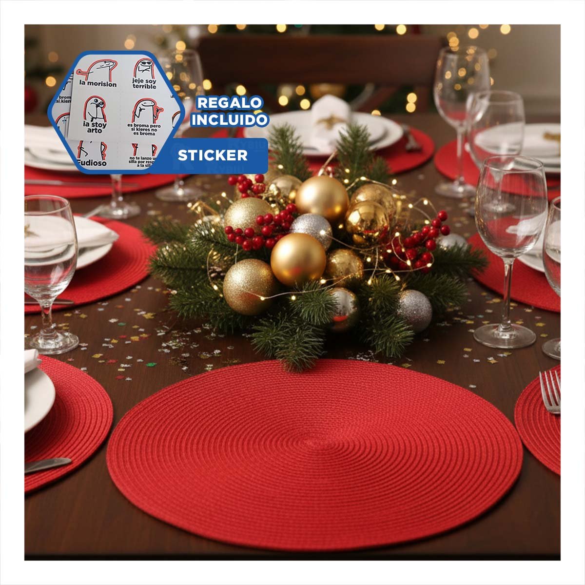 MANTEL INDIVIDUAL CIRCULAR CON TEXTURA PAJITA MATE EN COLOR ROJO Y+REGALO STICKER - 1