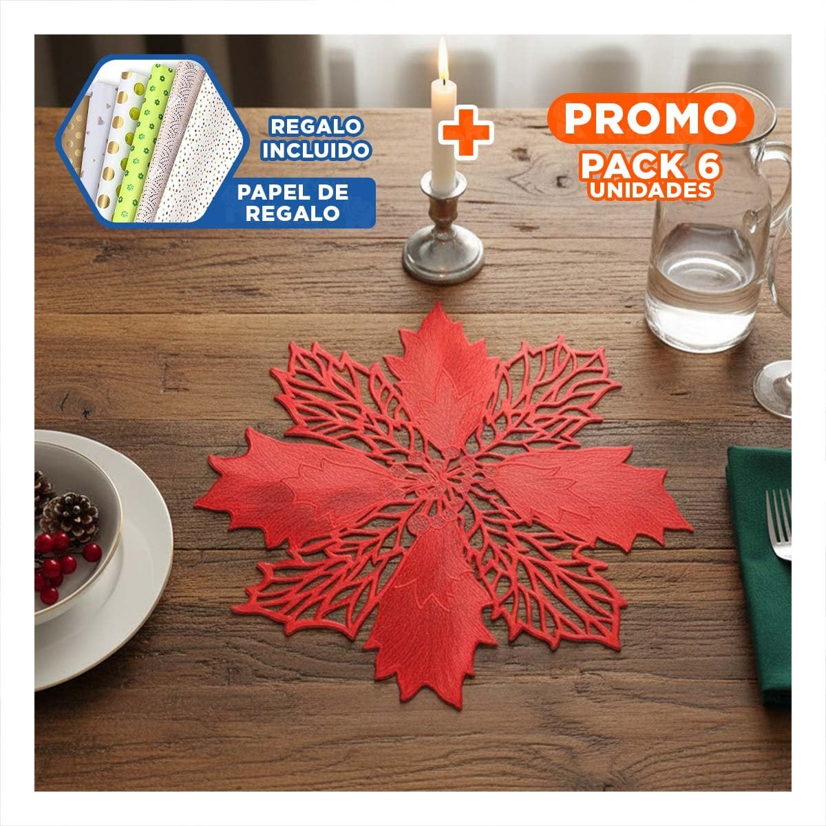 PACK6 COLECCION PARA MESA 6 INDIVIDUALES FLOR DE PINA ROJO 42X42 CM NAVIDAD Y+PAPEL REGALO - 1