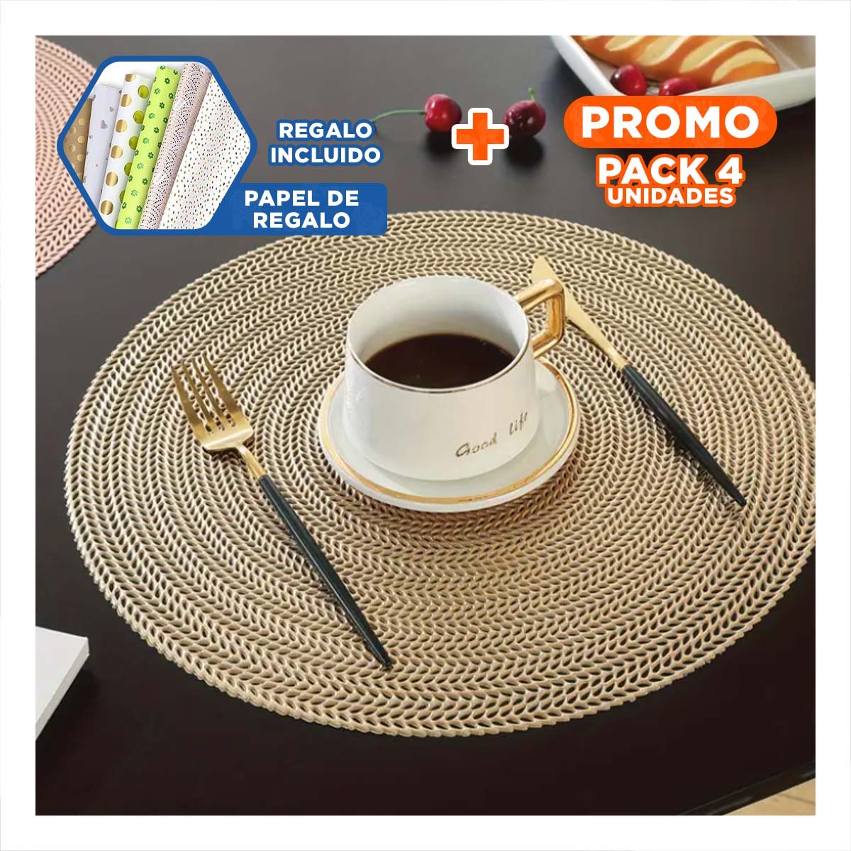 PACK4 INDIVIDUAL PARA SUPERFICIE DE MESA CIRCULAR EN DORADO MINI OJITAS Y+PAPEL REGALO - 1