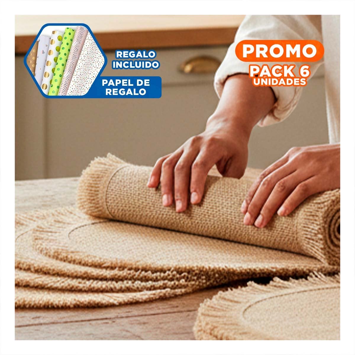 PACK6 ACCESORIOS TEJIDOS CIRCULARES CON FLECOS CAQUI PENSADOS EN SET DE 6 Y+PAPEL REGALO - 1