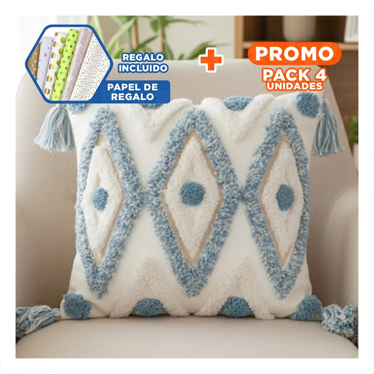 PACK4 FUNDA BOHO DE ROMBOS CON BASE TEXTIL EN POLIESTER CREMA Y CELESTE Y+PAPEL REGALO - 1