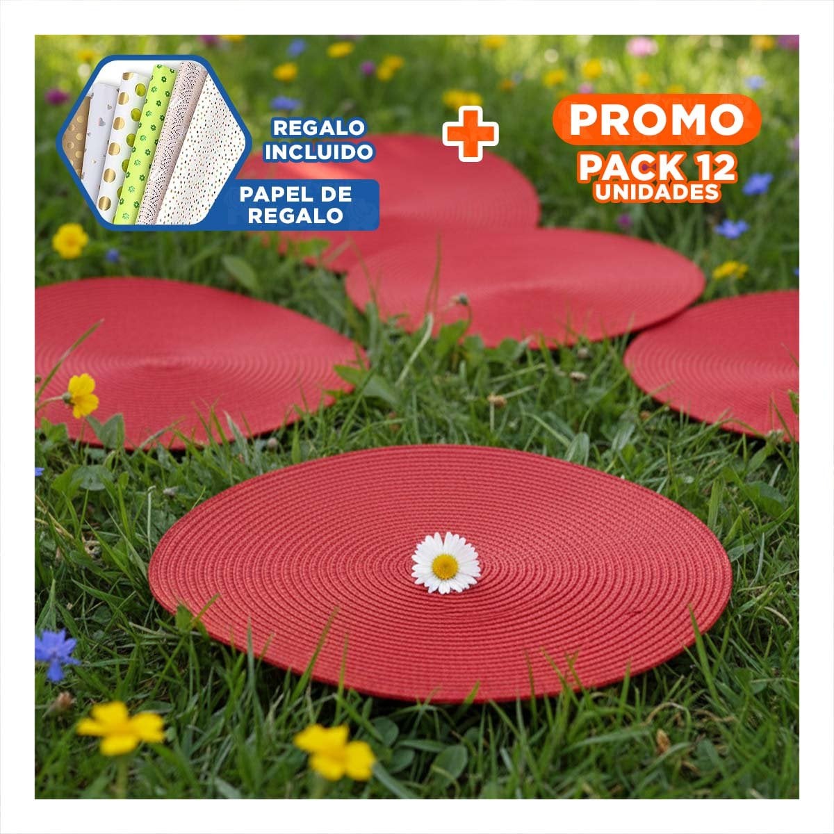 PACK12 ACCESORIO CIRCULAR ROJO PAJITA MATE PARA MESA CON SET DE SEIS Y+PAPEL REGALO - 1