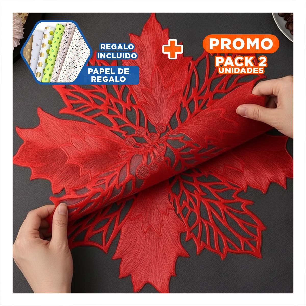 PACK2 LOTE DECORATIVO 6 INDIVIDUALES FLOR DE PINA ROJO 42X42 CM HOGAR Y+PAPEL REGALO - 1