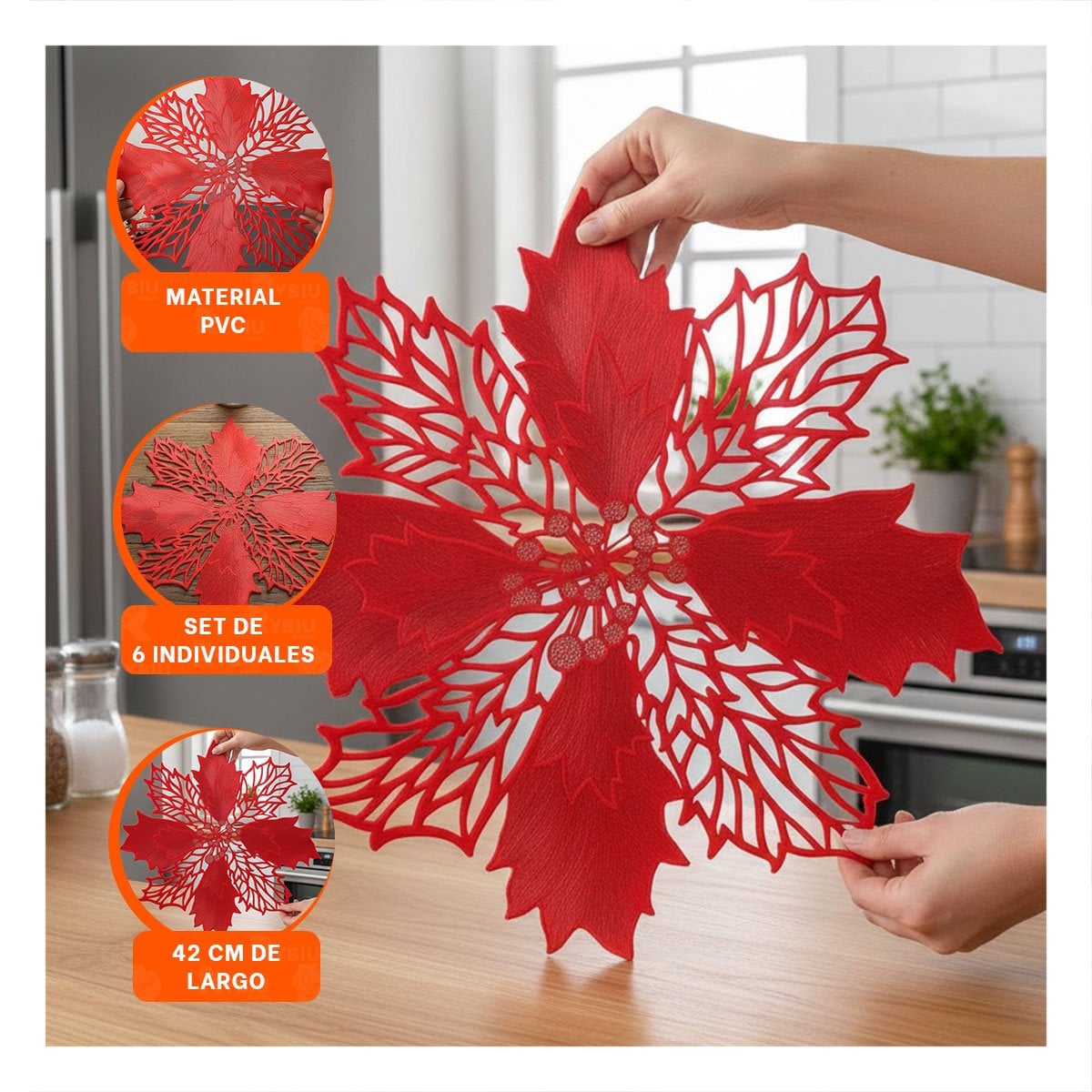 PACK2 LOTE DECORATIVO 6 INDIVIDUALES FLOR DE PINA ROJO 42X42 CM HOGAR Y+PAPEL REGALO - 5