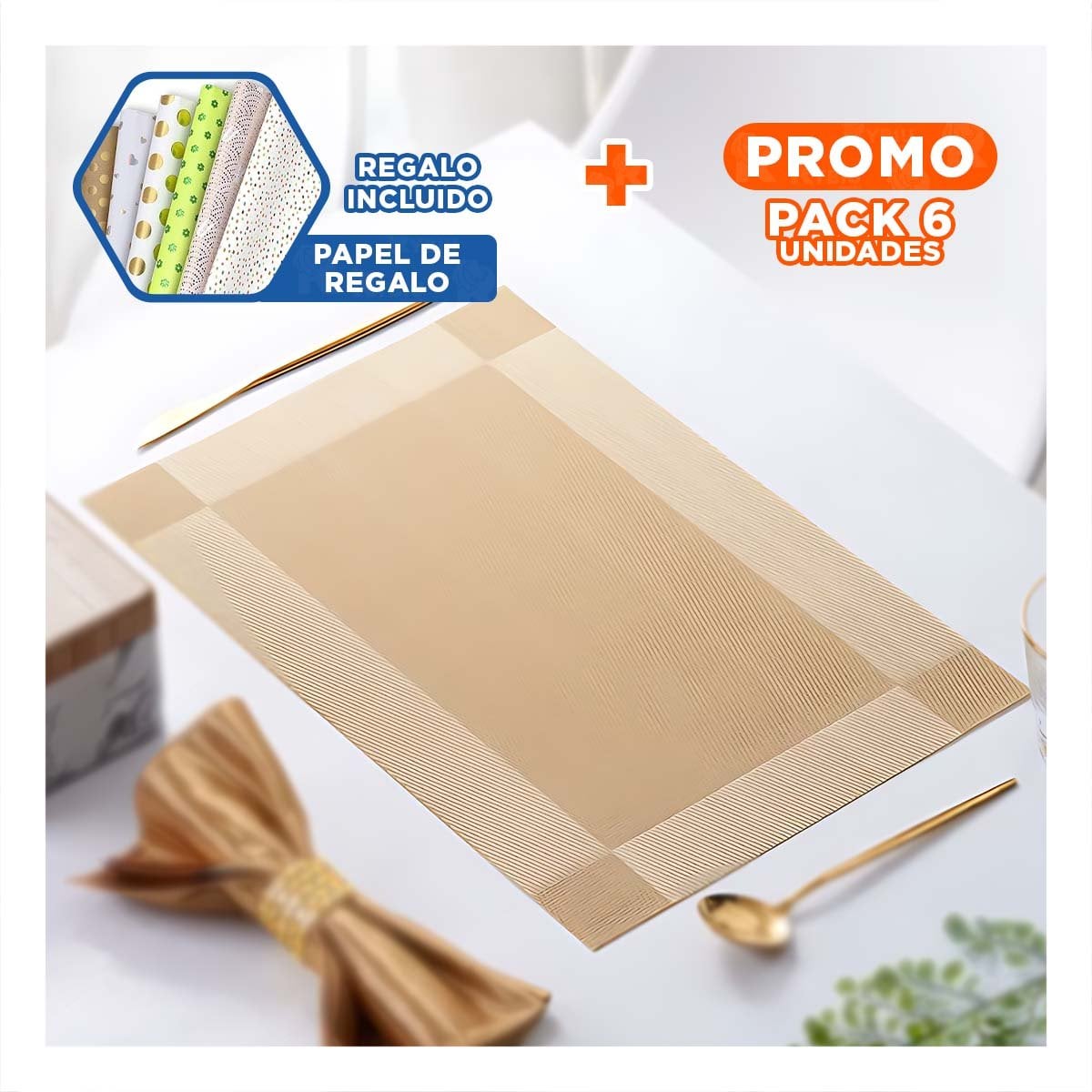 PACK6 SOPORTE DECORATIVO DORADO RECTANGULAR 30X45 CM PARA COMEDOR Y+PAPEL REGALO - 1