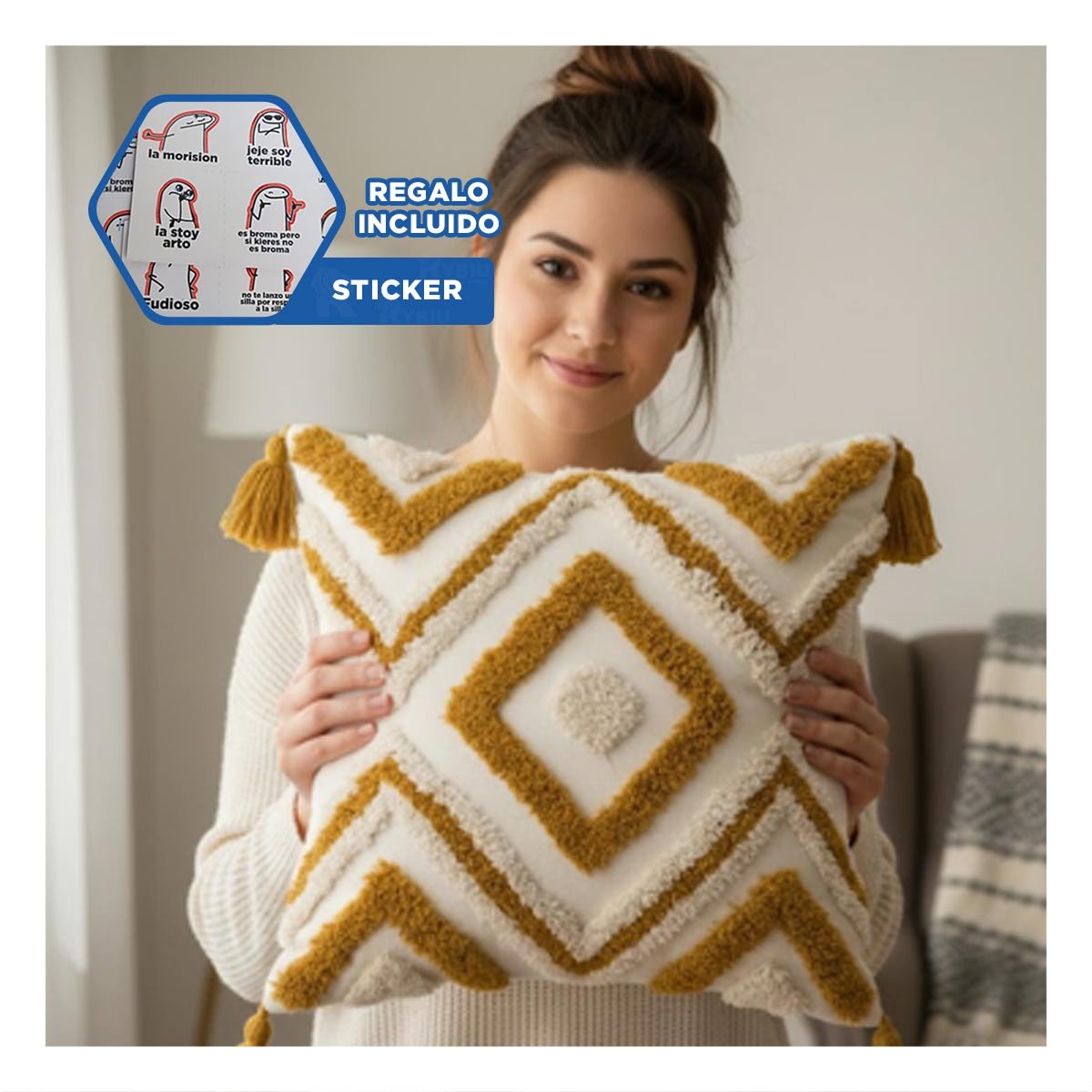 CUBIERTA BOHO DE ROMBOS CRECIENDO INTEGRADA EN SUPERFICIE CREMA Y AMARILLO Y+REGALO STICKER - 1