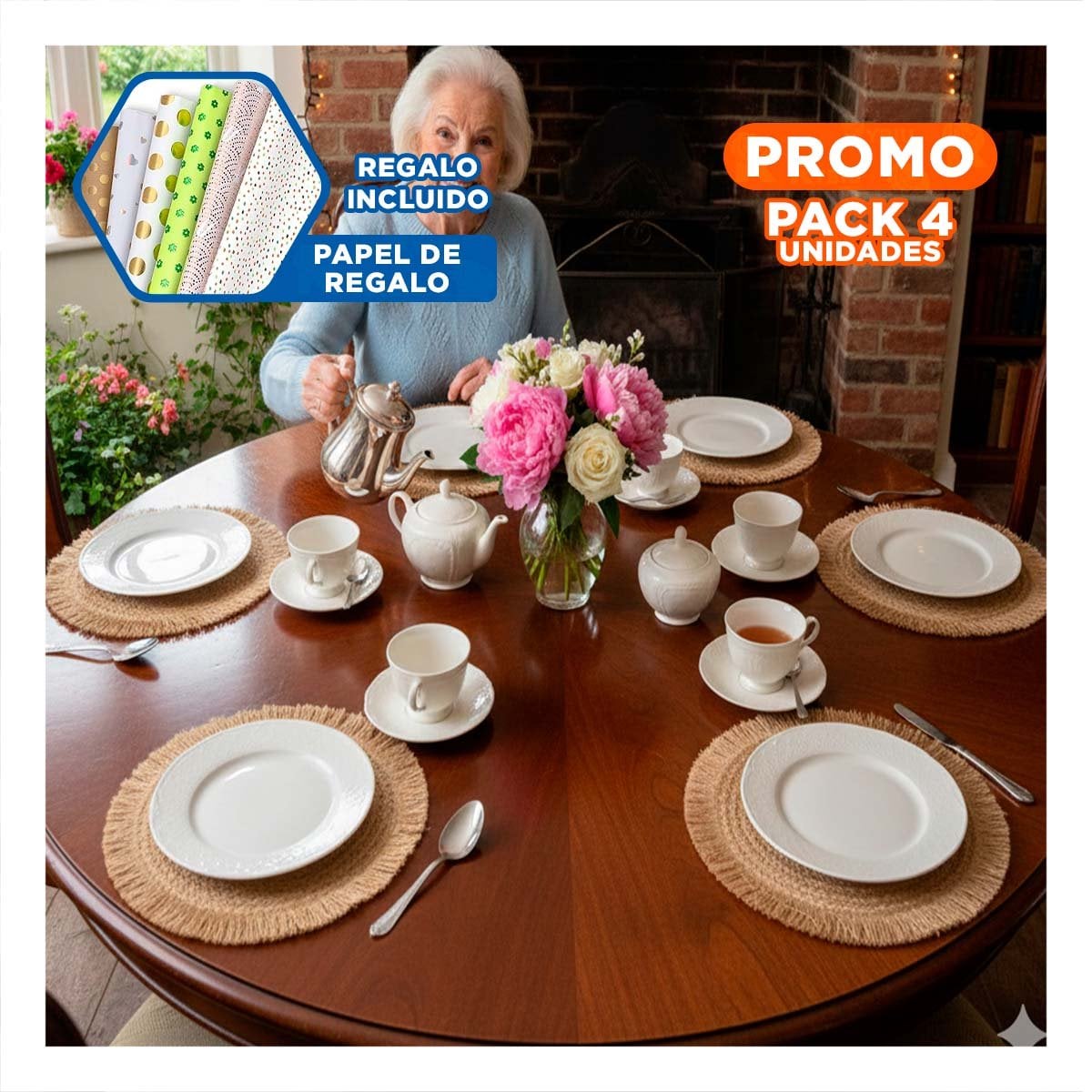 PACK4 CUBREMESAS TEJIDOS PARA MESA CON FLECOS CAQUI PENSADOS EN SET DE 6 Y+PAPEL REGALO - 1