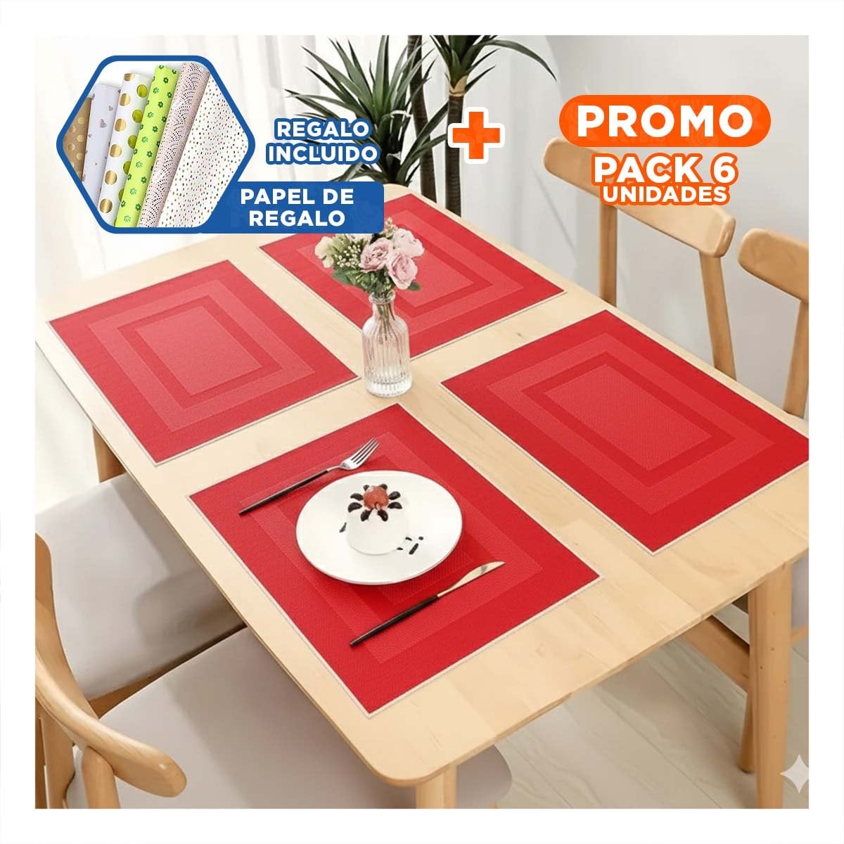 PACK6 MANTEL DE MESA INDIVIDUAL RECTANGULAR 6 PIEZAS ESTILO GUINDA HOGAR Y+PAPEL REGALO - 1