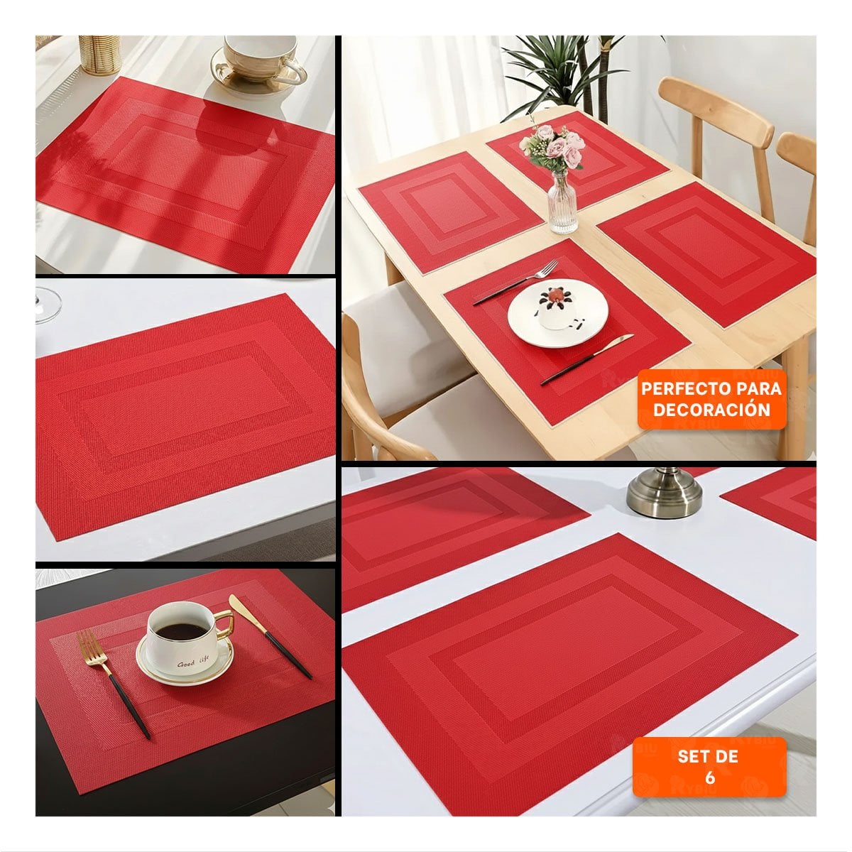 PACK6 MANTEL DE MESA INDIVIDUAL RECTANGULAR 6 PIEZAS ESTILO GUINDA HOGAR Y+PAPEL REGALO - 3