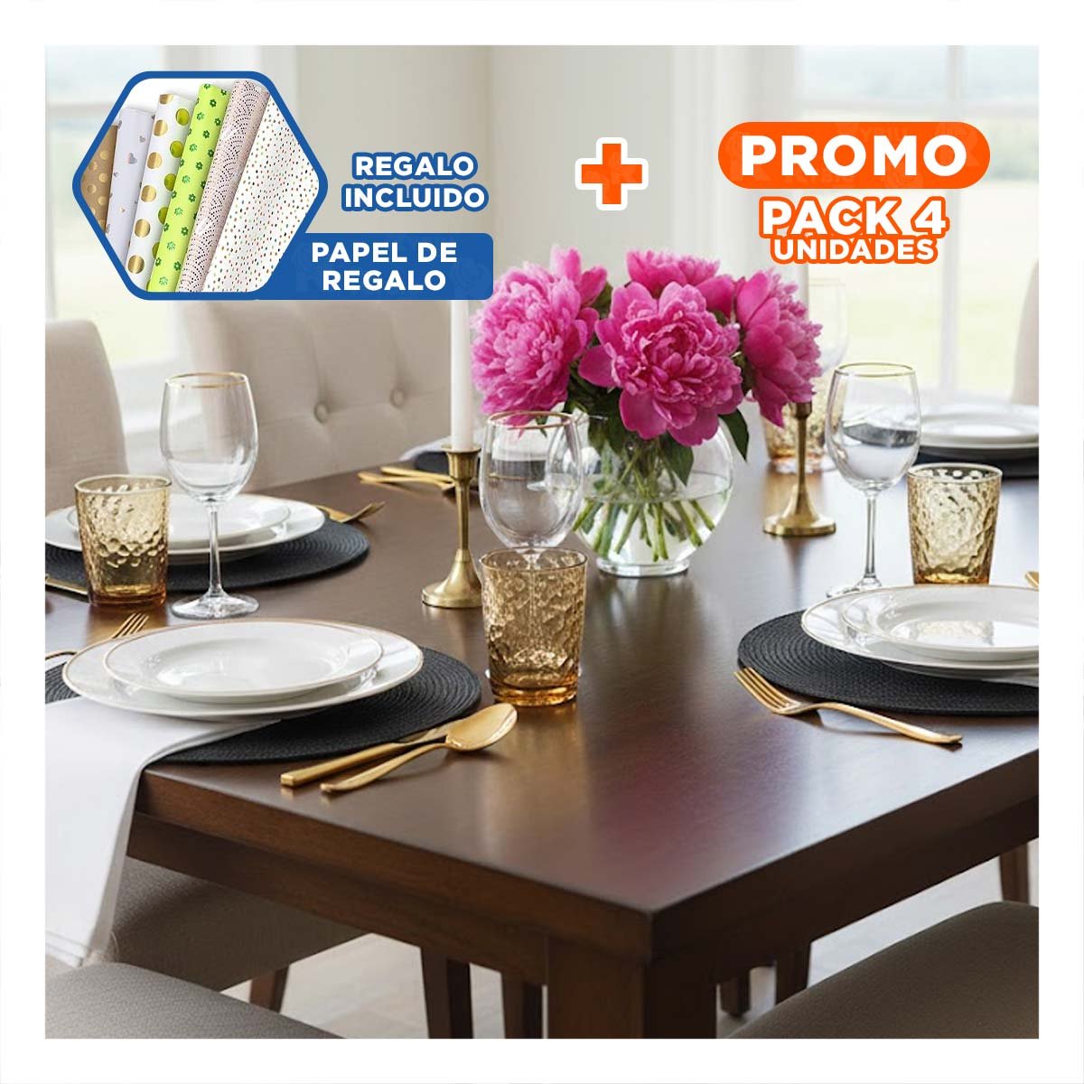 PACK4 PLATO TEXTIL INDIVIDUAL CIRCULAR BOHO NEGRO PARA HOGAR YPAPEL REGALO - 1