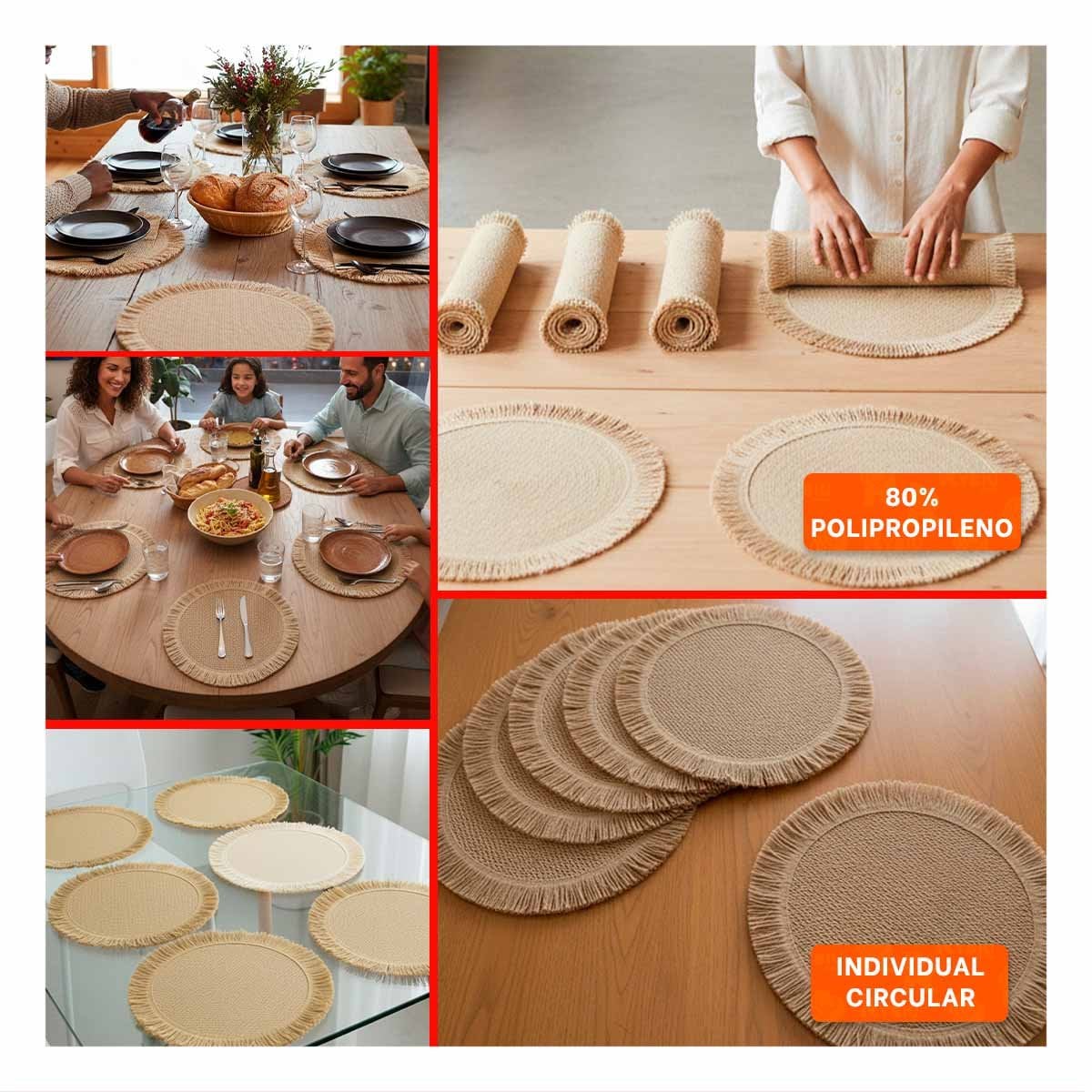 BASES CIRCULARES CON TEJIDO VISIBLE FLECOS CAQUI EN SET DE 6 DE 38CM Y+POST IT - 1