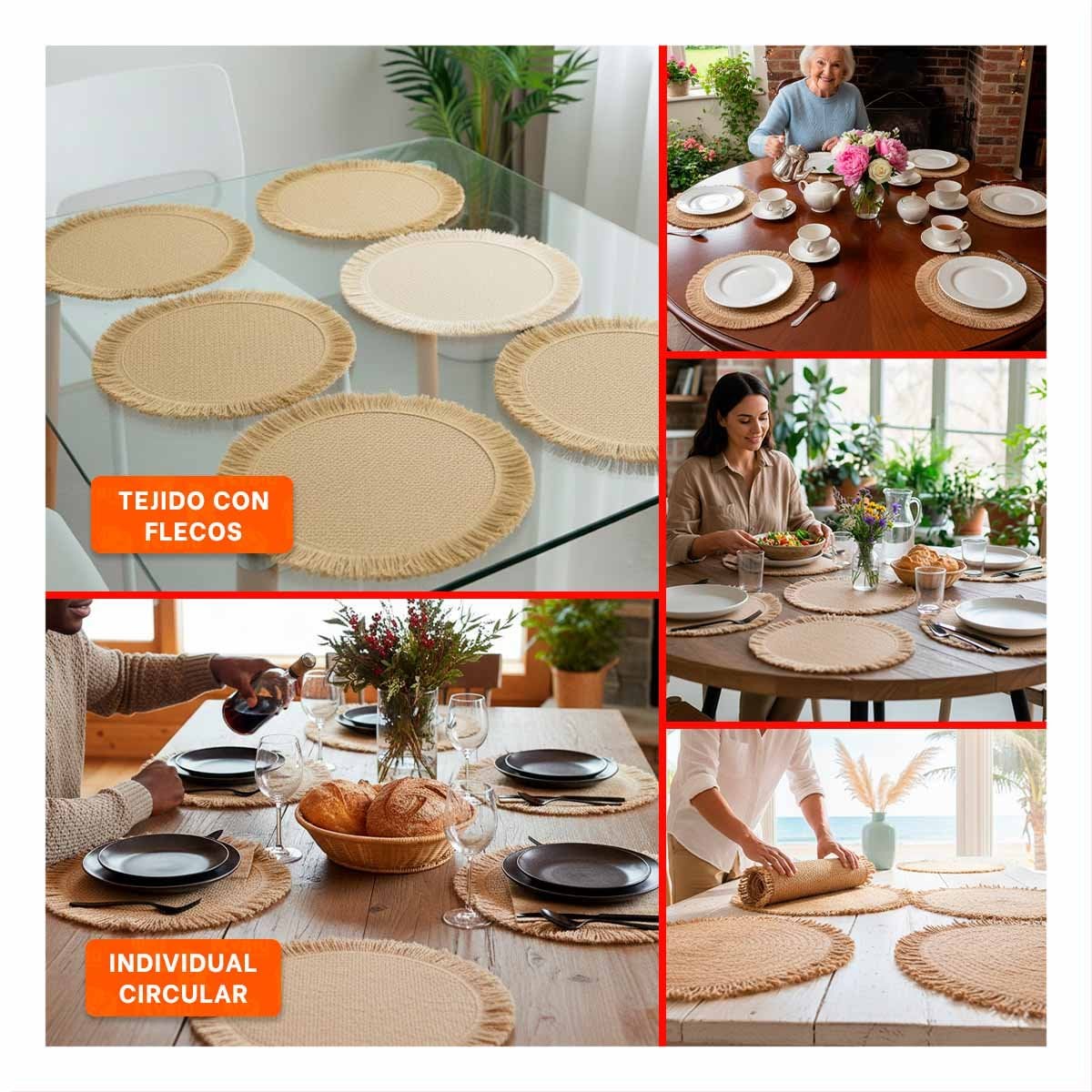 BASES CIRCULARES CON TEJIDO VISIBLE FLECOS CAQUI EN SET DE 6 DE 38CM Y+POST IT - 5
