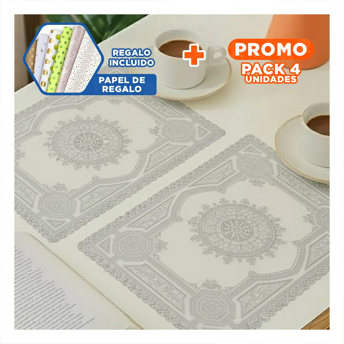 PACK4 INDIVIDUAL PLATEADO ELEGANTE CON DISEÑO MANDALA PARA HOGAR MODERNO Y+PAPEL REGALO - 1