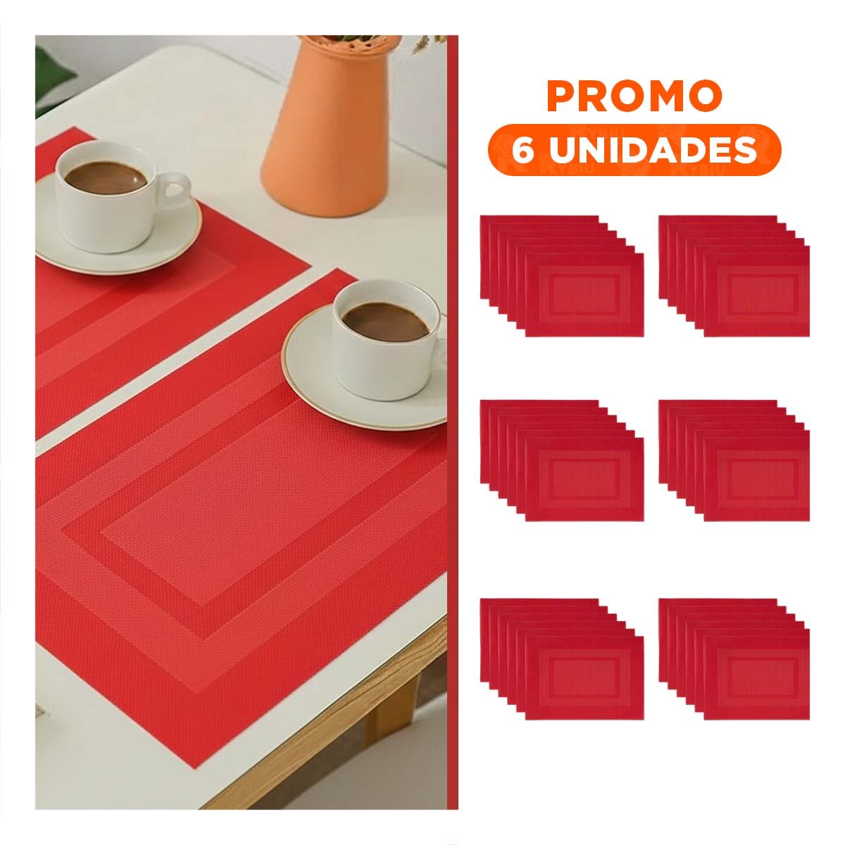 PACK6 MANTEL INDIVIDUAL RECTANGULAR SET 6 PIEZAS CON BORDE RAYAS GUINDA MESA - 1
