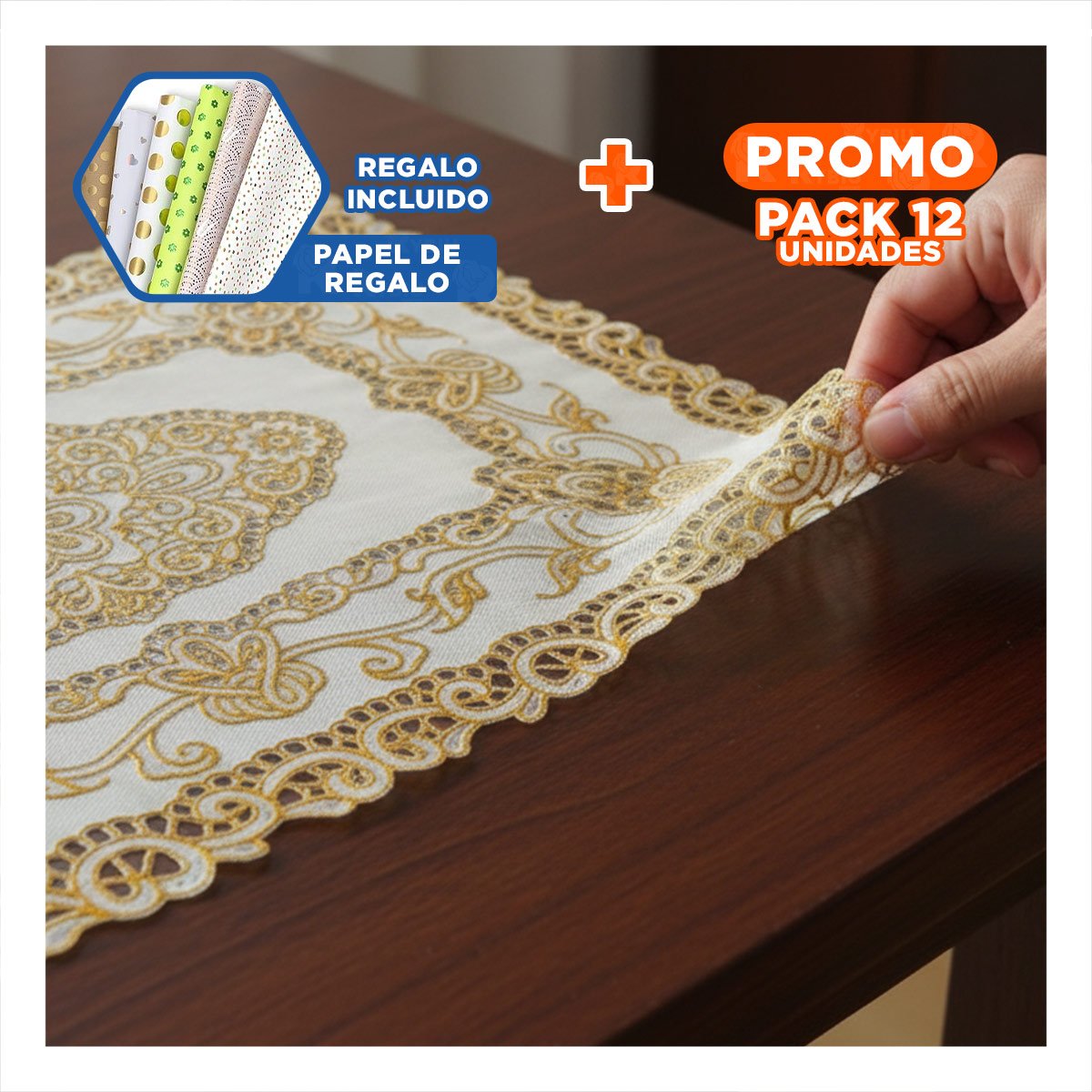 PACK12 CUBIERTA DORADO MODERNA CON MOTIVO DE ENCAJE Y FLORES PARA DECORACION Y+PAPEL REGALO - 1
