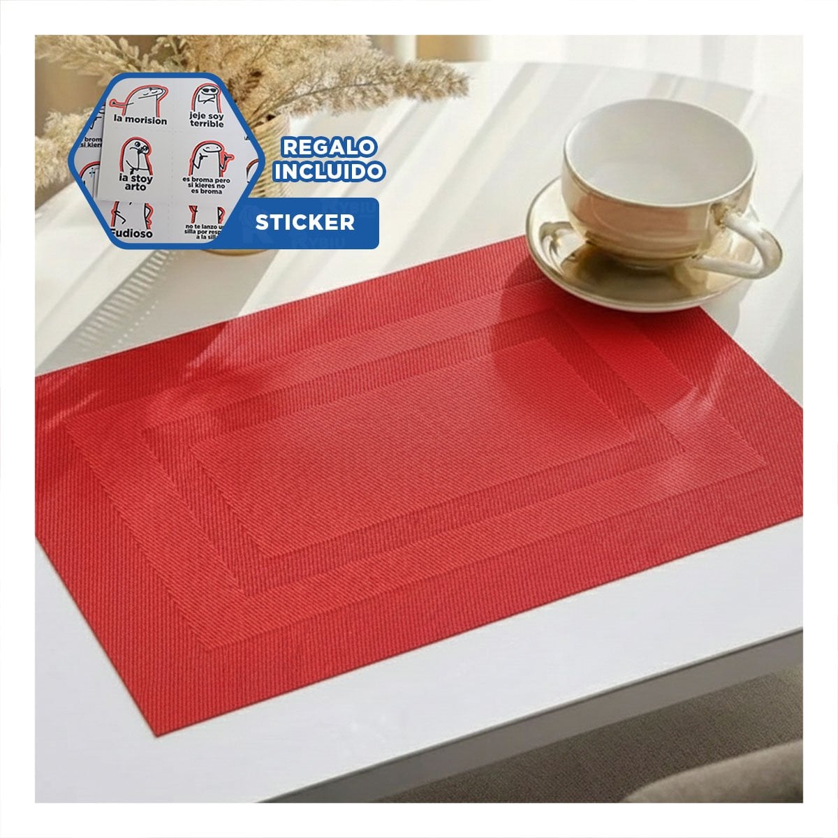 PACK INDIVIDUAL RECTANGULAR 6 PIEZAS CON BORDE RAYAS GUINDA HOGAR Y+REGALO STICKER - 1