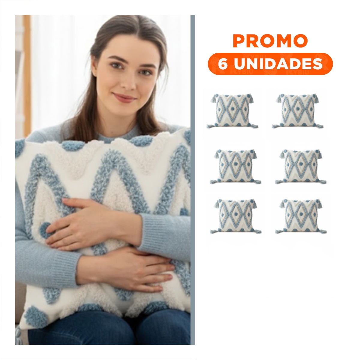 PACK6 FORRO POLIESTER CON PATRON BOHO DE ROMBOS Y ACABADO CREMA Y CELESTE DE 45CM - 1