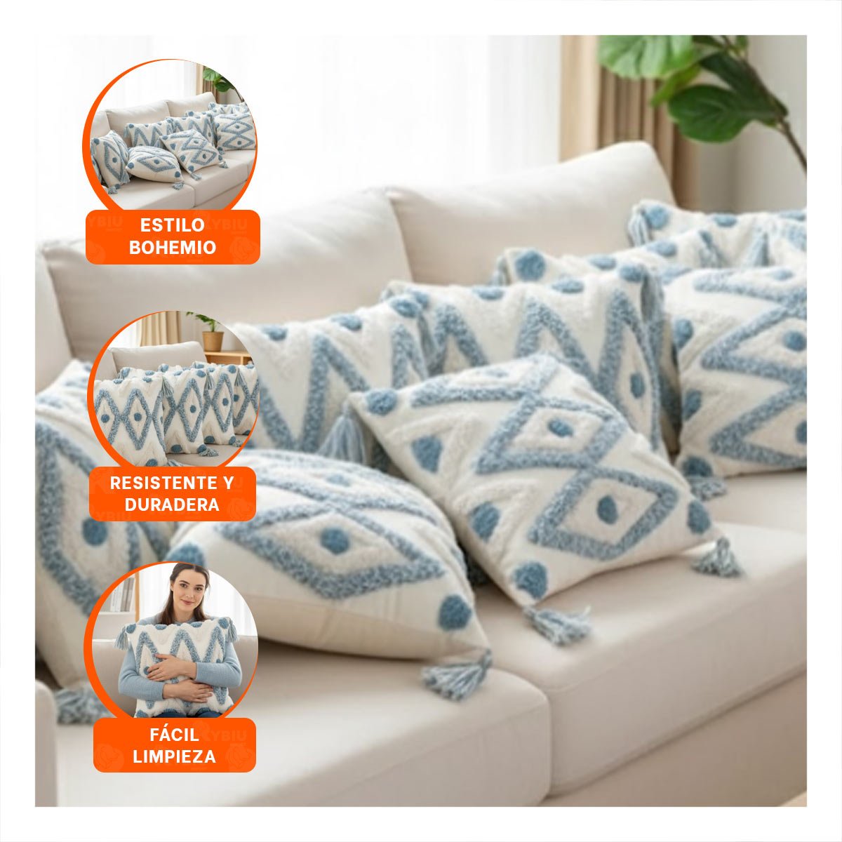 PACK6 FORRO POLIESTER CON PATRON BOHO DE ROMBOS Y ACABADO CREMA Y CELESTE DE 45CM - 5